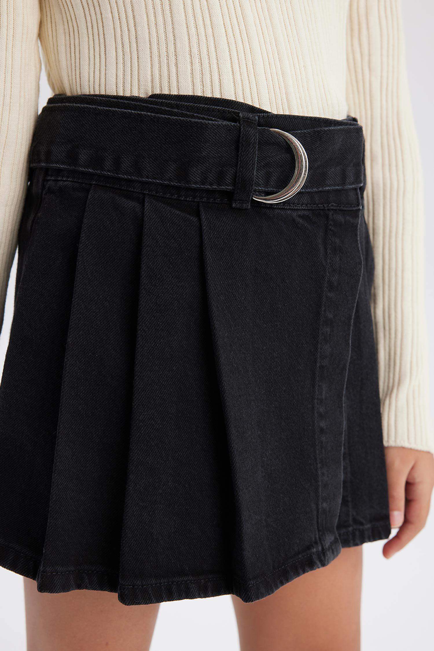 Kız Çocuk Kemerli Jean Şort Etek