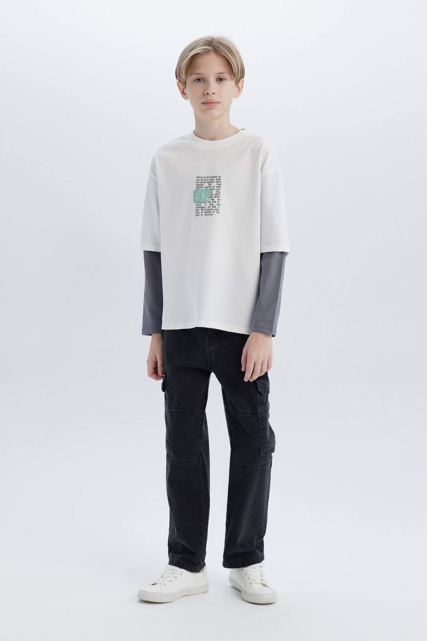 Erkek Çocuk Oversize Geniş Kalıp Bisiklet Yaka Sırt Baskılı Uzun Kollu Tişört