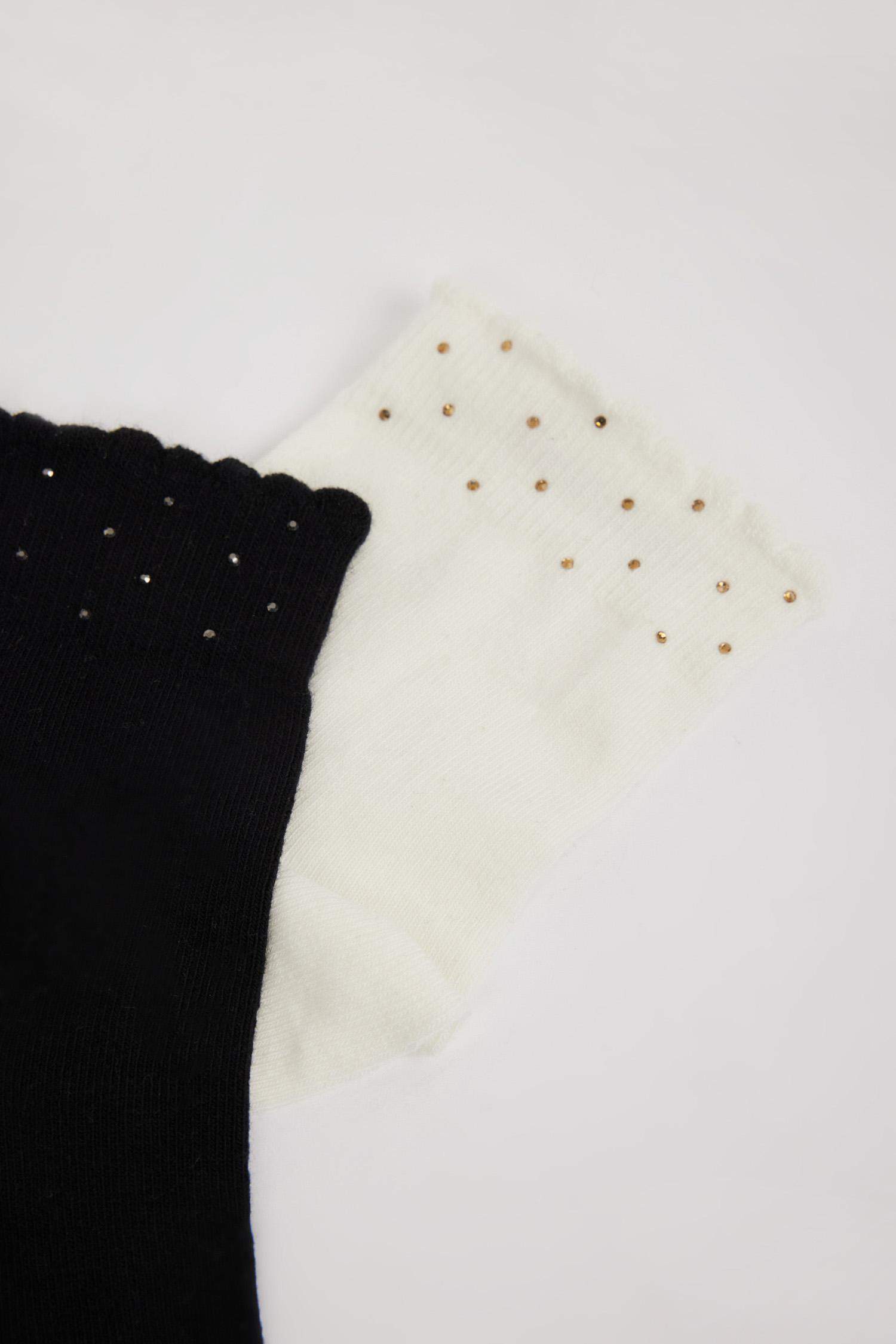 Kadın Dikişsiz Parlak Taş Baskılı 2'li Penye Pamuklu Premium Soket Çorap