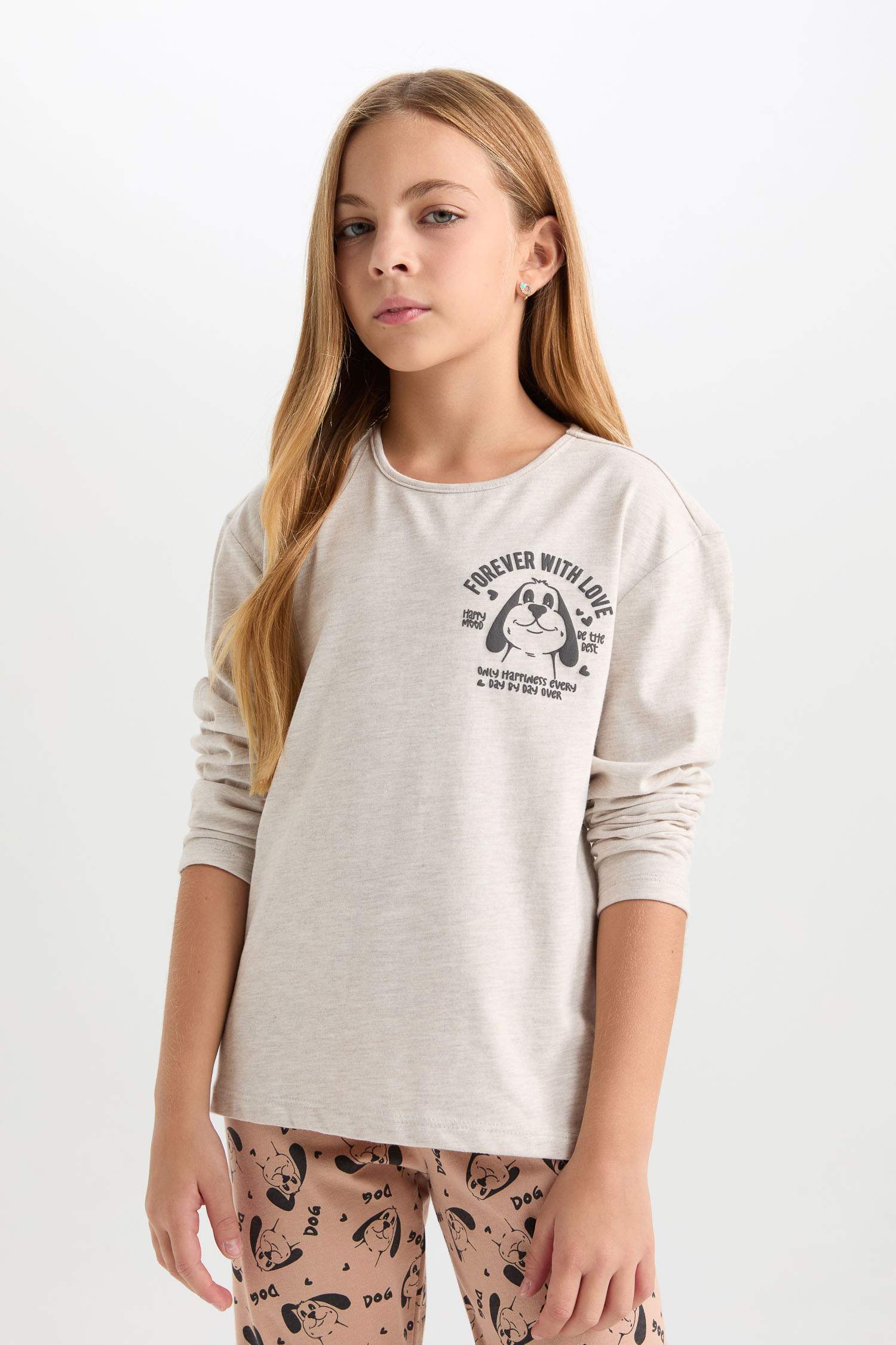 Kız Çocuk Pijama Takım Baskılı Uzun Kollu Üst Desenli Beli Lastikli Uzun Alt