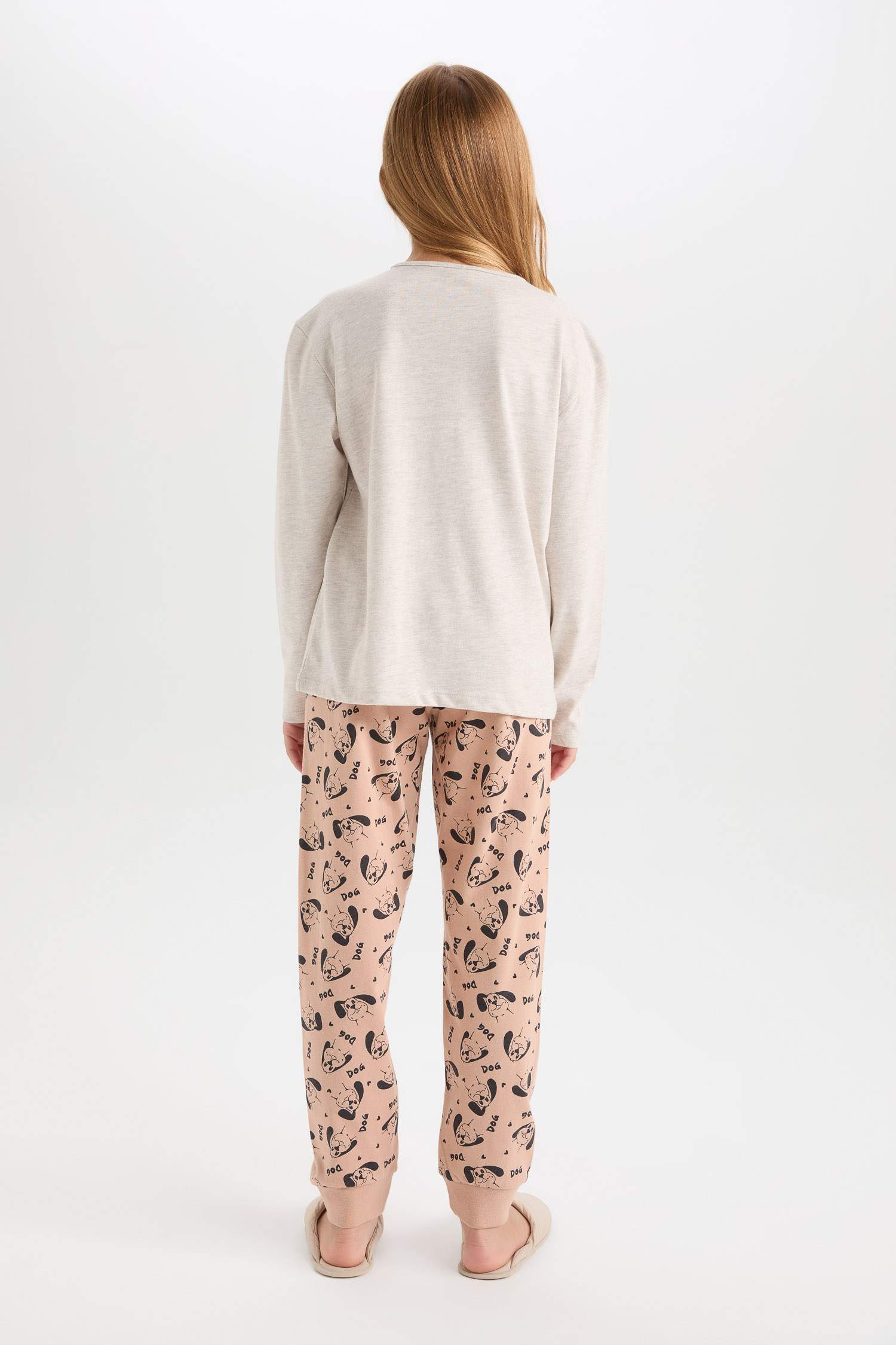 Kız Çocuk Pijama Takım Baskılı Uzun Kollu Üst Desenli Beli Lastikli Uzun Alt