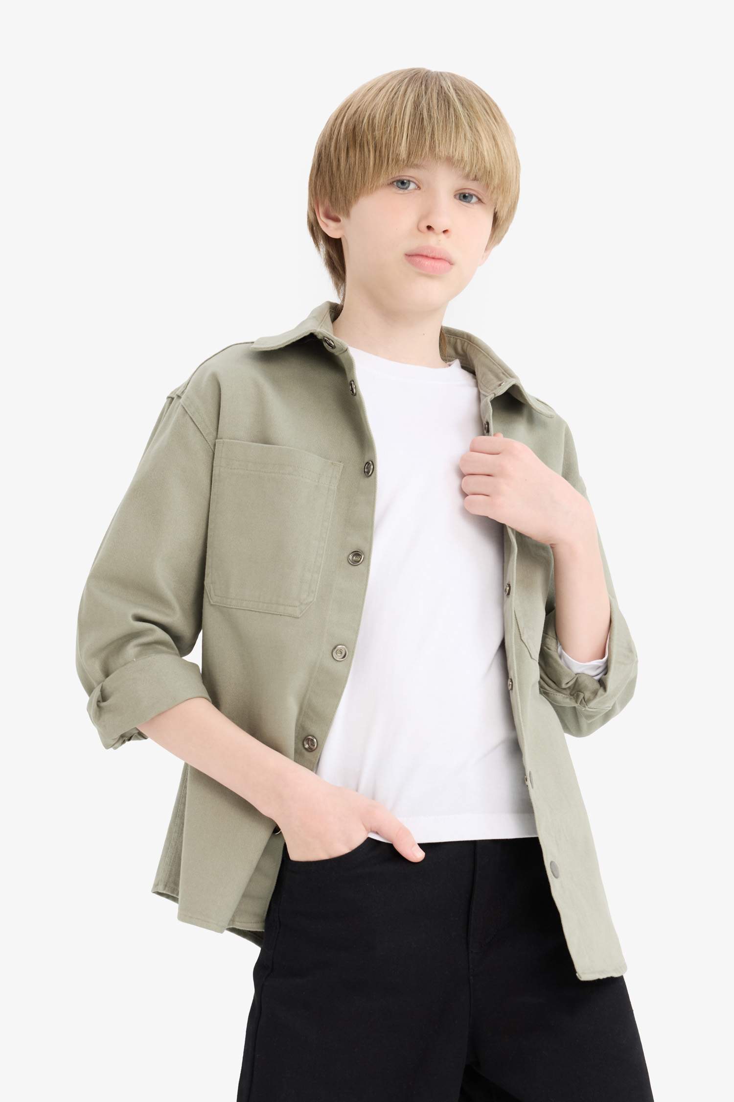 Erkek Çocuk Oversize Geniş Kalıp Polo Yaka Twill Uzun Kollu Gömlek