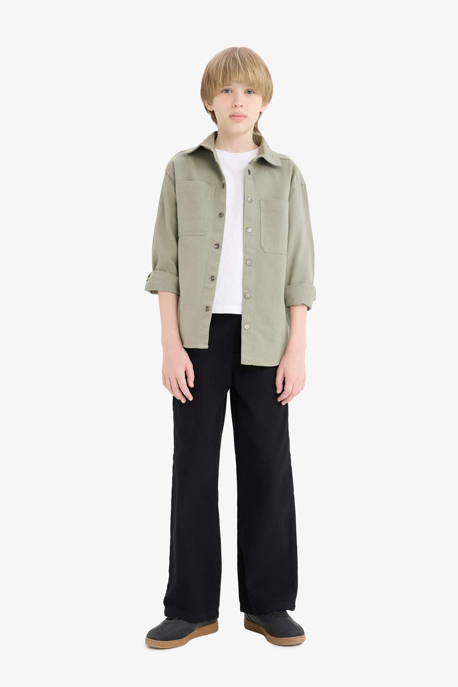 Erkek Çocuk Oversize Geniş Kalıp Polo Yaka Twill Uzun Kollu Gömlek