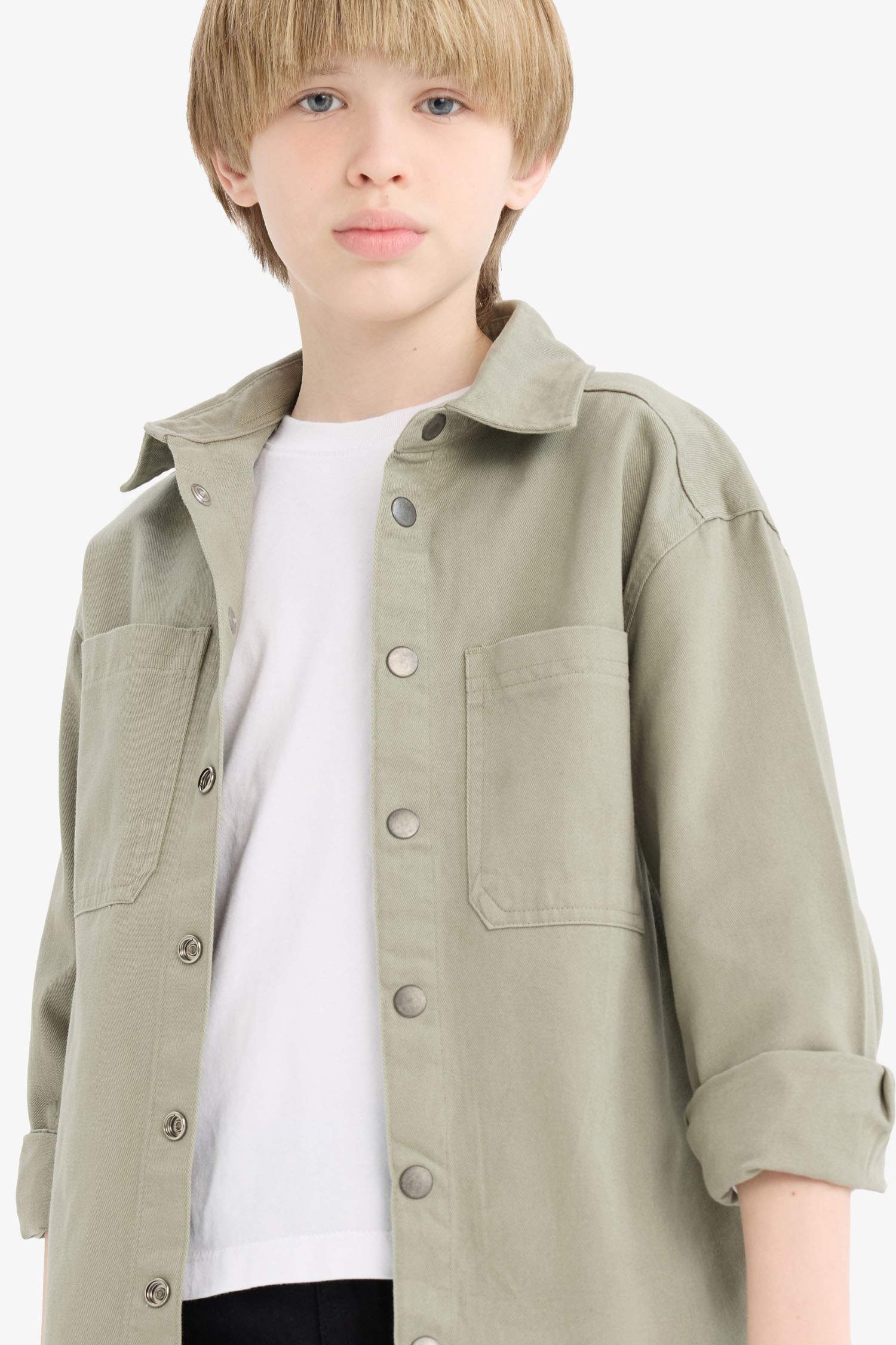 Erkek Çocuk Oversize Geniş Kalıp Polo Yaka Twill Uzun Kollu Gömlek