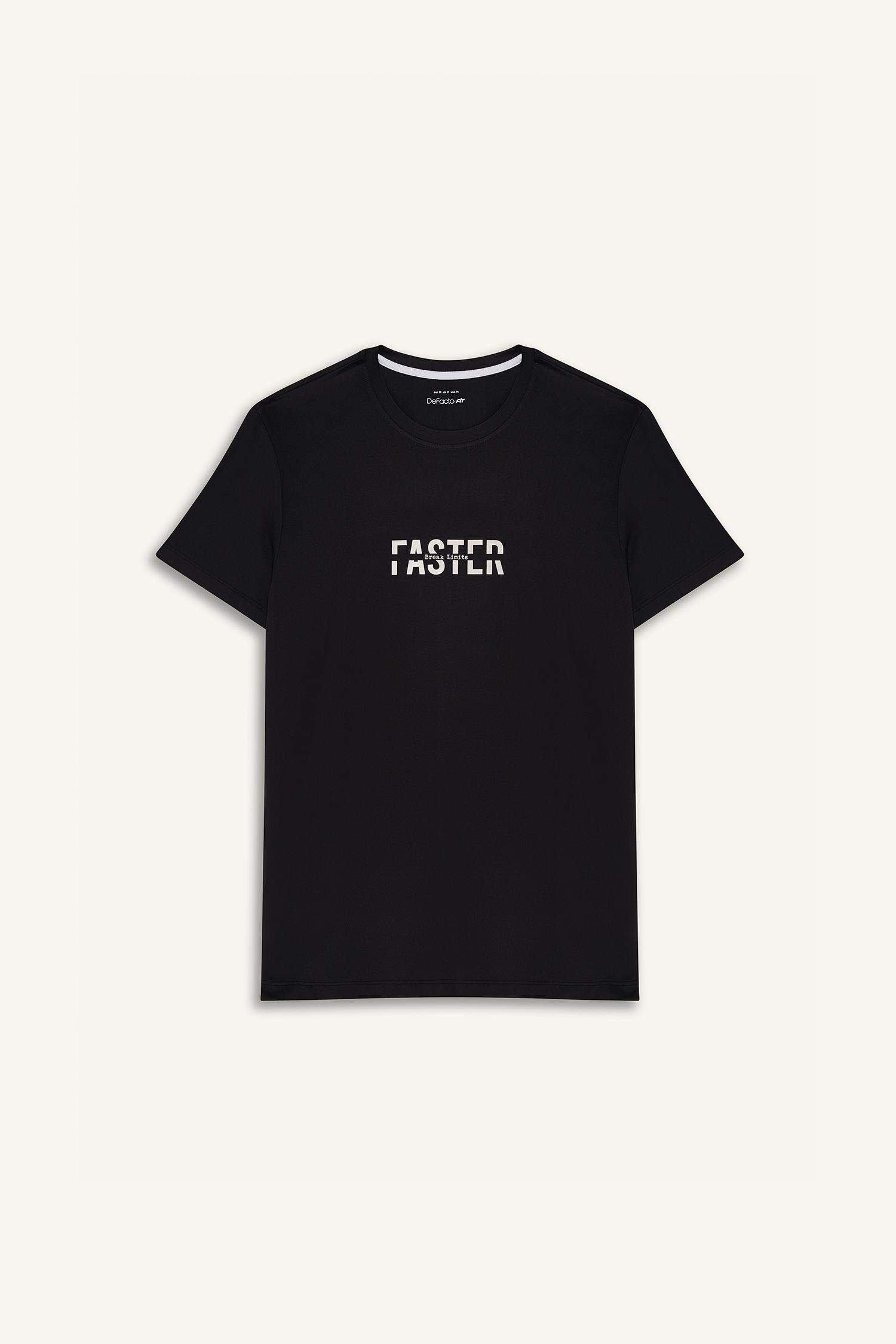 DeFactoFit Esnek Kumaş Slim Fit Dar Kesim Bisiklet Yaka Baskılı Sporcu Kısa Kollu Tişört