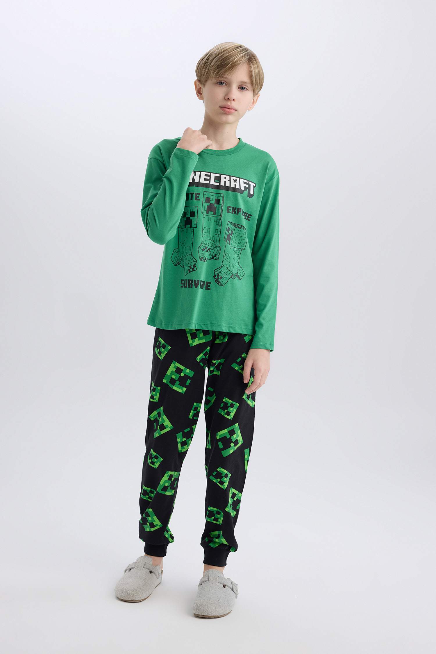 Erkek Çocuk Minecraft Pijama Takımı Uzun Kollu Üst Beli Lastikli Uzun Alt
