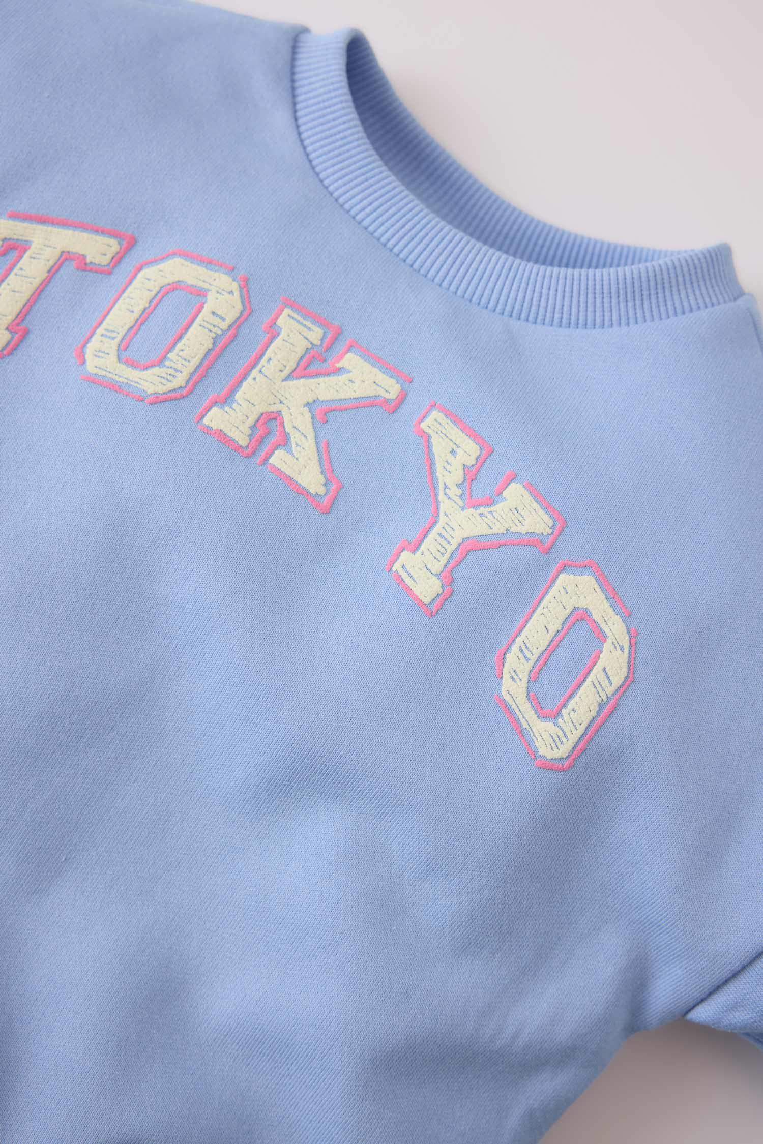 Kız Bebek Bisiklet Yaka Baskılı İçi Yumuşak Tüylü Sweatshirt