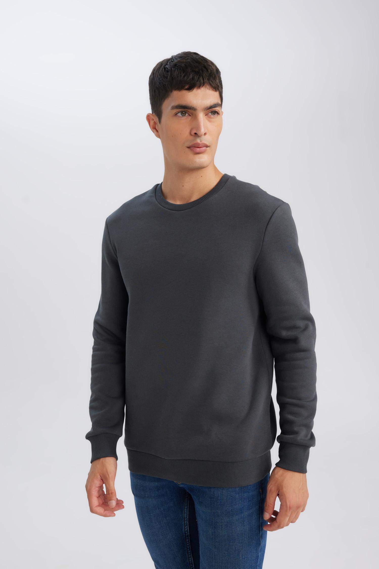 3 İplik Pamuklu Şardonlu İçi Polarlı Regular Fit Bisiklet Yaka Kalın Sweatshirt