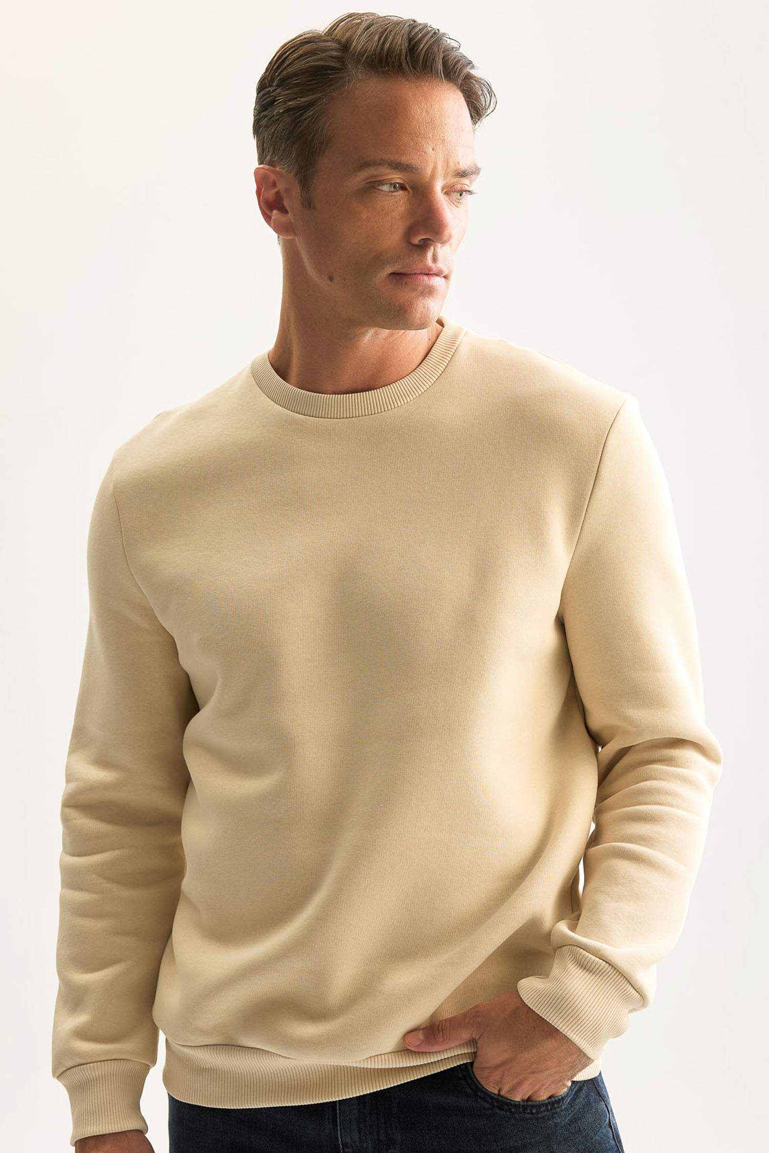 3 İplik Pamuklu Şardonlu İçi Polarlı Regular Fit Bisiklet Yaka Kalın Sweatshirt