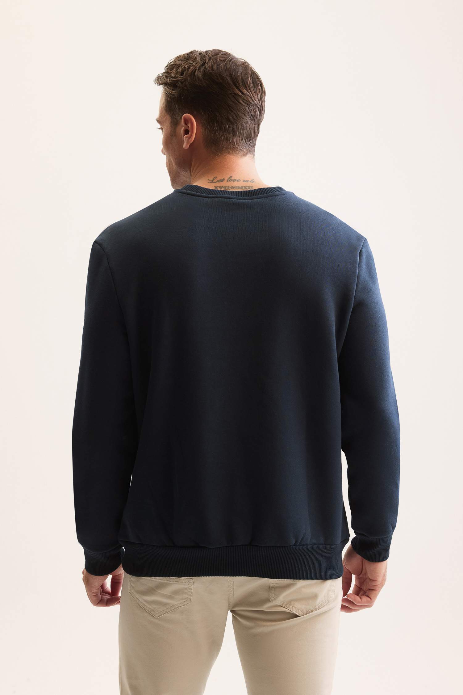 Lacivert 3 İplik Pamuklu Şardonlu İçi Polarlı Regular Fit Bisiklet Yaka Kalın Sweatshirt