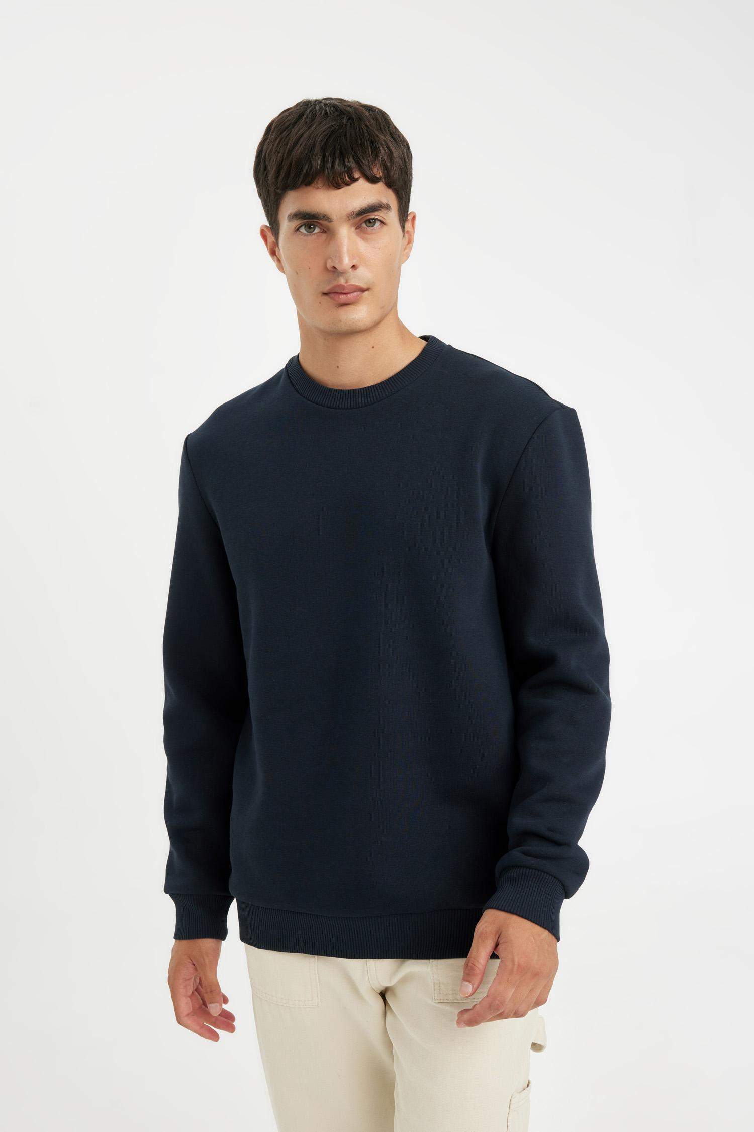 Lacivert 3 İplik Pamuklu Şardonlu İçi Polarlı Regular Fit Bisiklet Yaka Kalın Sweatshirt