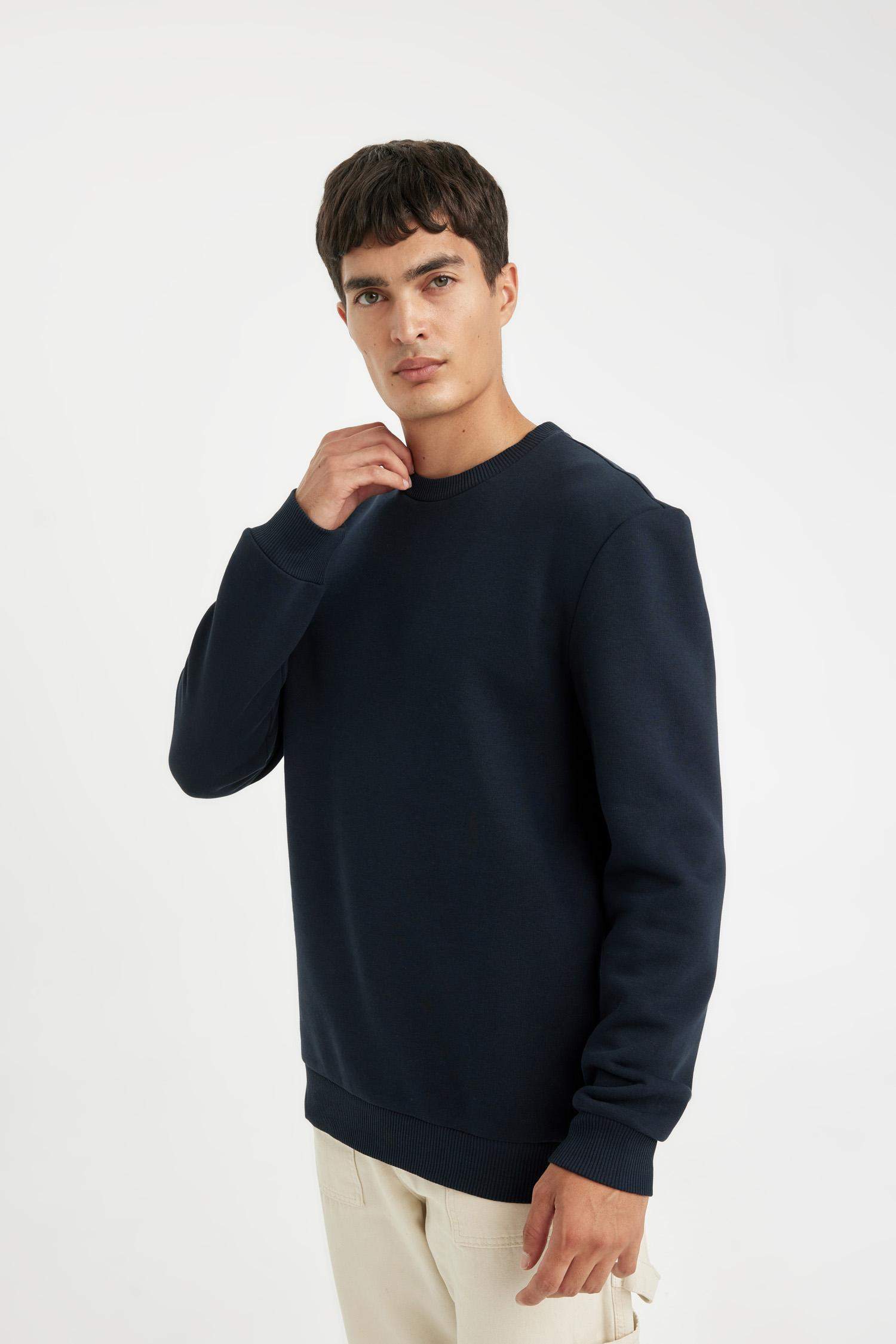 Lacivert 3 İplik Pamuklu Şardonlu İçi Polarlı Regular Fit Bisiklet Yaka Kalın Sweatshirt