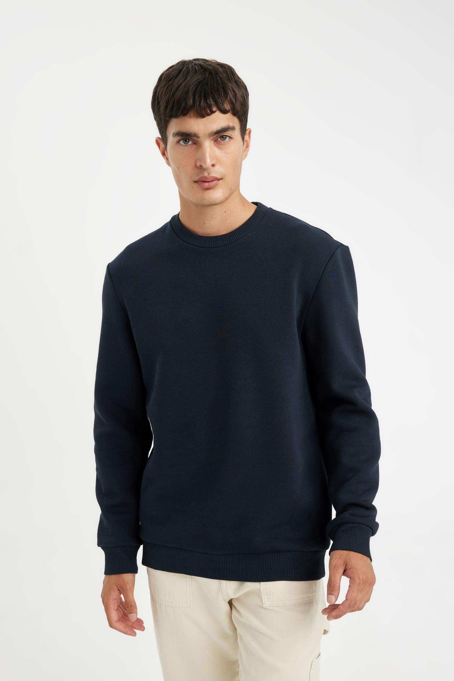 Lacivert 3 İplik Pamuklu Şardonlu İçi Polarlı Regular Fit Bisiklet Yaka Kalın Sweatshirt