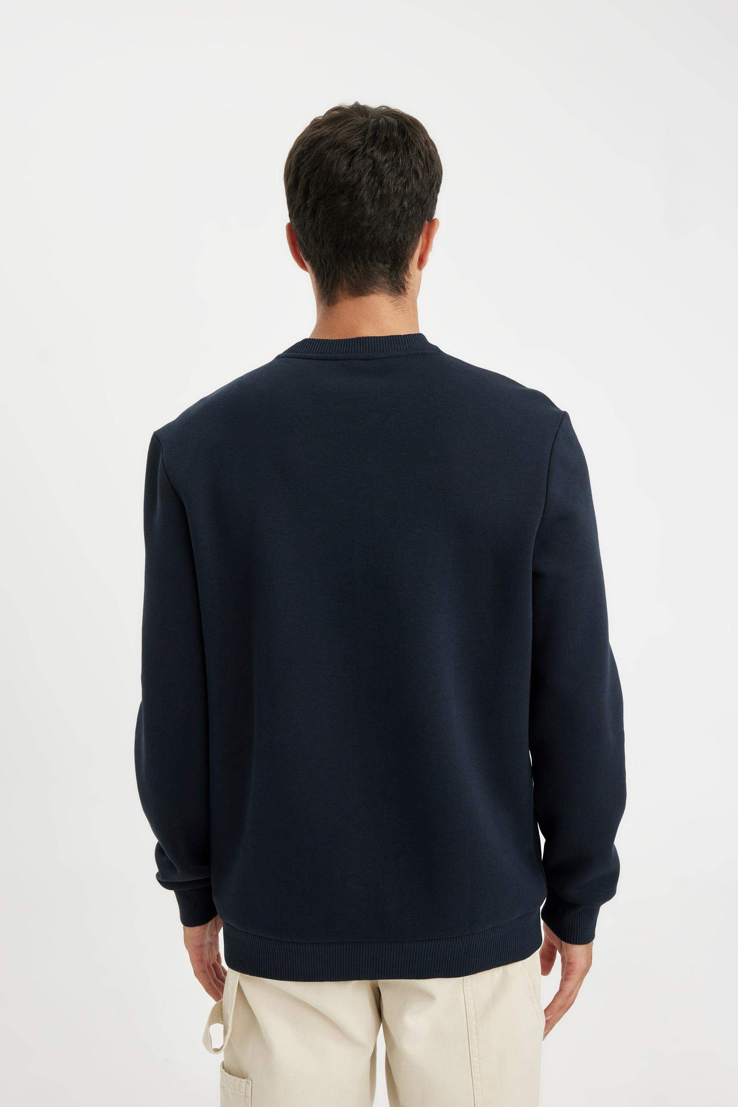 Lacivert 3 İplik Pamuklu Şardonlu İçi Polarlı Regular Fit Bisiklet Yaka Kalın Sweatshirt