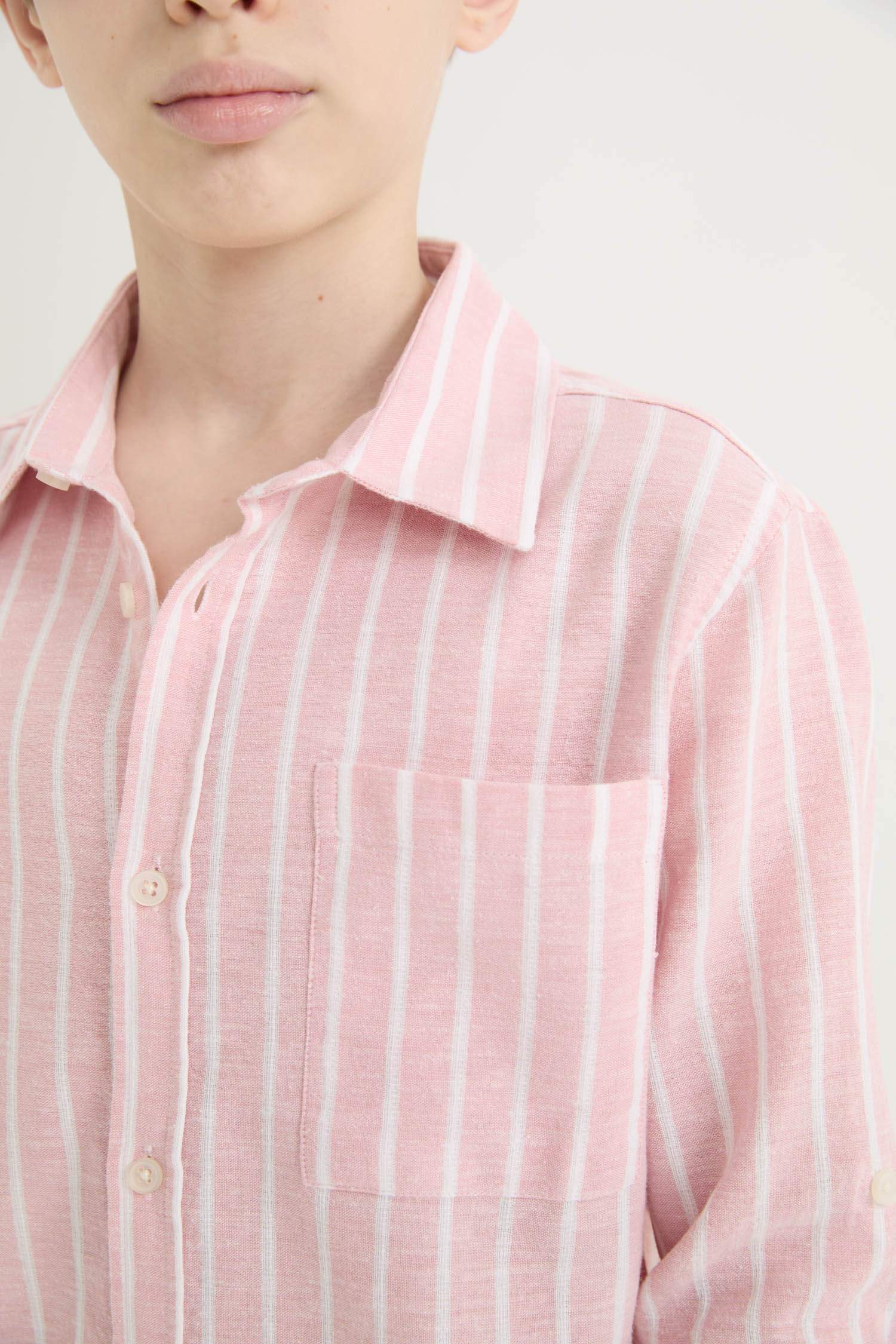 Erkek Çocuk Polo Yaka Çizgili Keten Karışımlı Uzun Kollu Gömlek