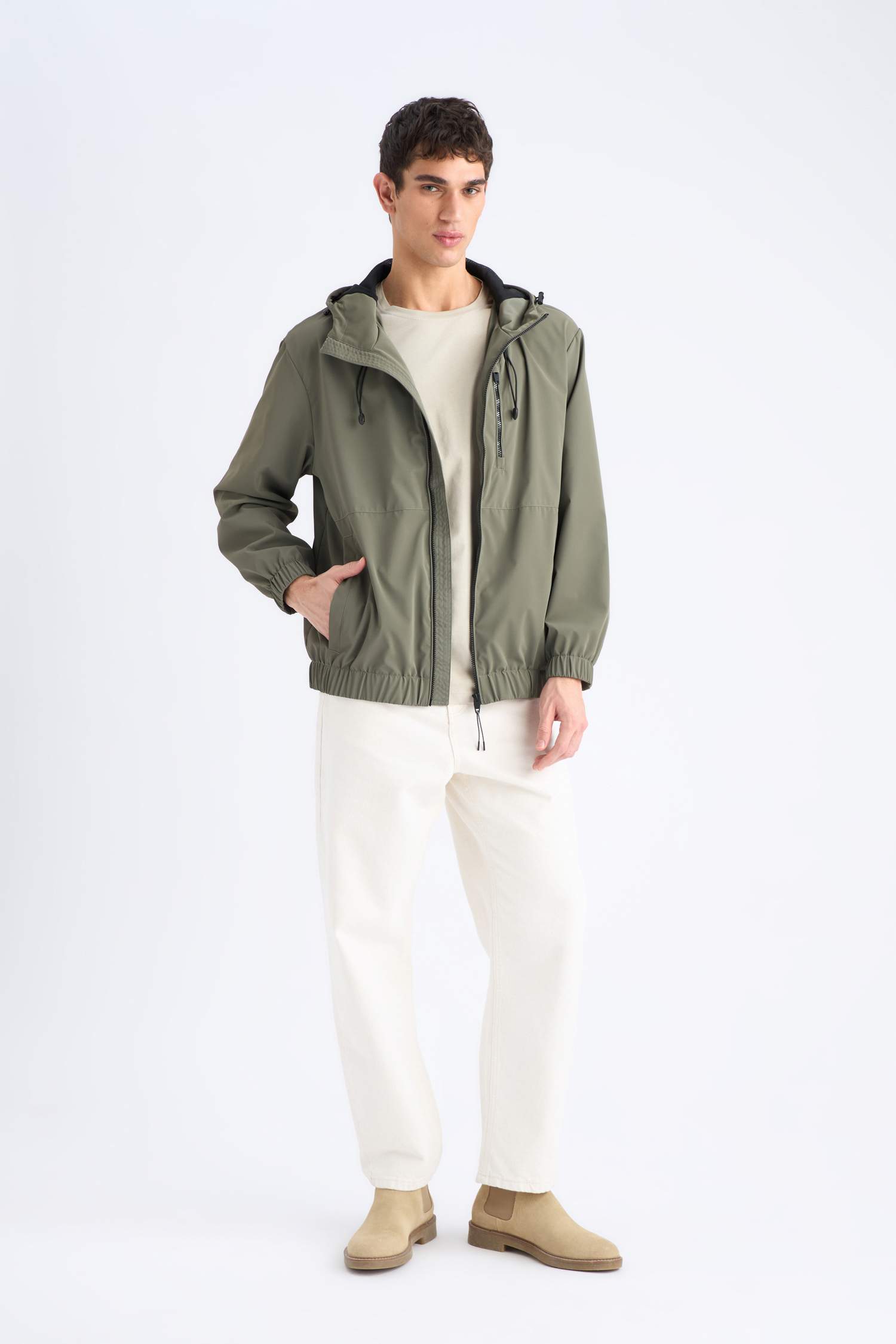 Su İtici Regular Fit Kapüşonlu Fermuarlı Cepli Mevsimlik Baharlık Yağmurluk Mont