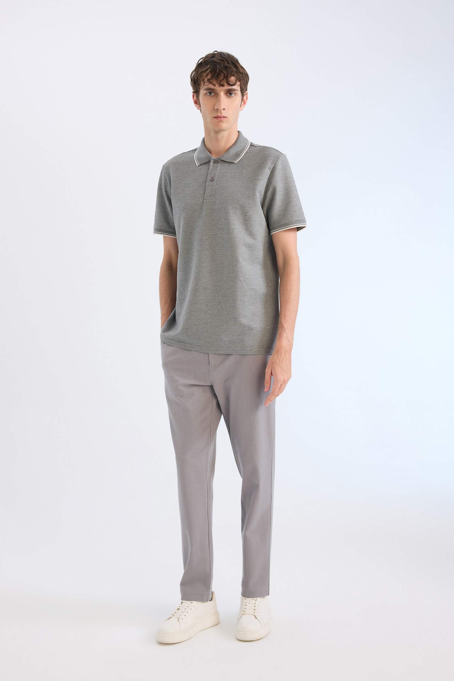 Regular Fit Polo Yaka Kısa Kollu Dokulu Waffle Tişört