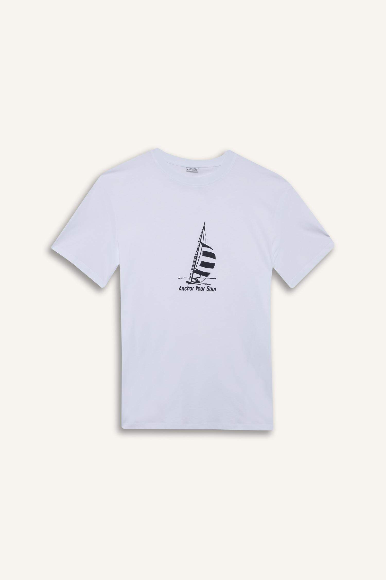 %100 Pamuk Regular Fit Bisiklet Yaka Baskılı Kısa Kollu Tişört