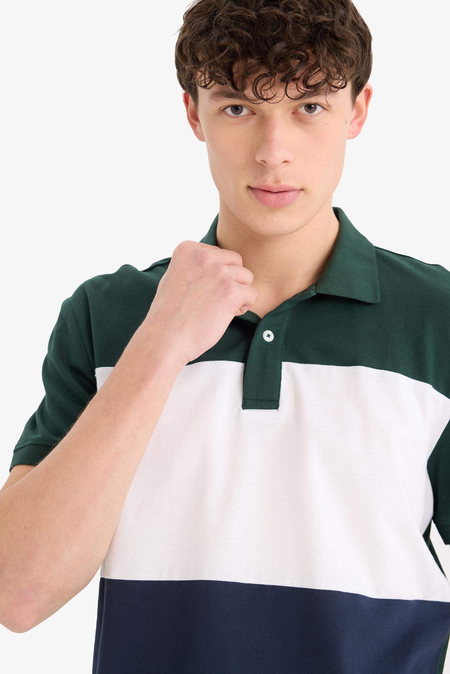 %100 Pamuk Regular Fit Polo Yaka Bloklu Kısa Kollu Tişört