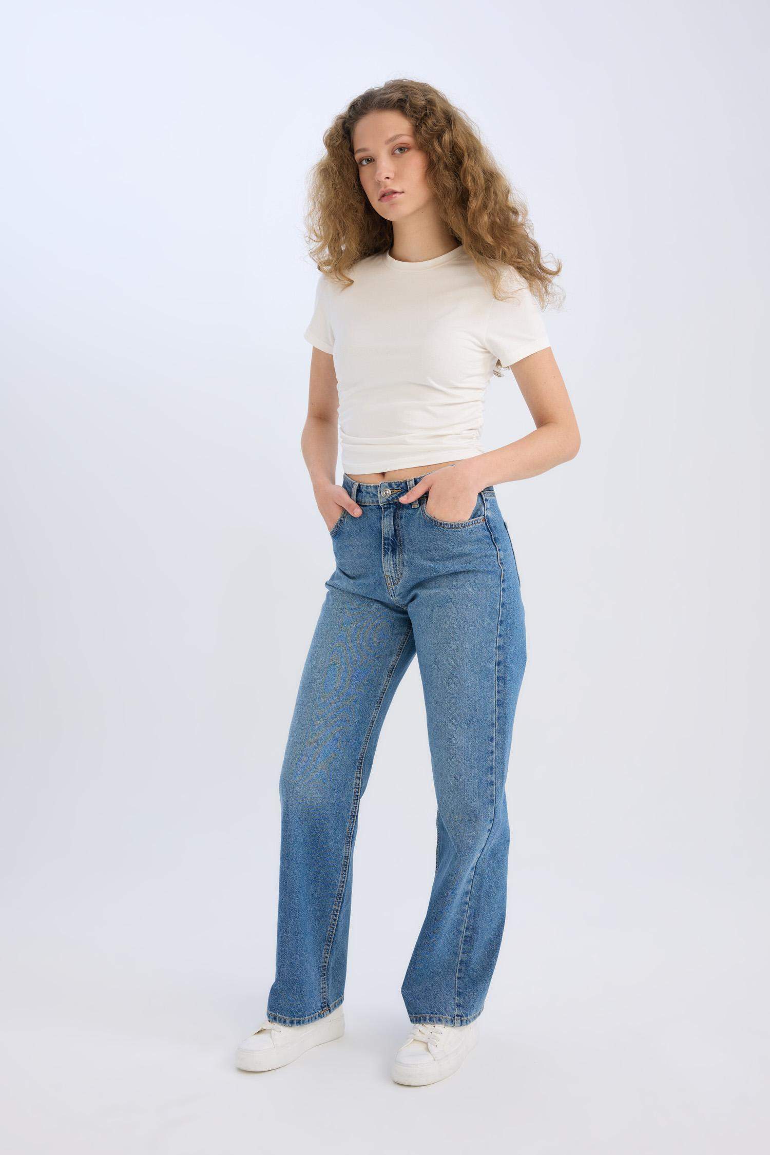 90's Wide Leg Yüksek Bel Geniş Paça Uzun Jean Kar Yıkamalı Pantolon