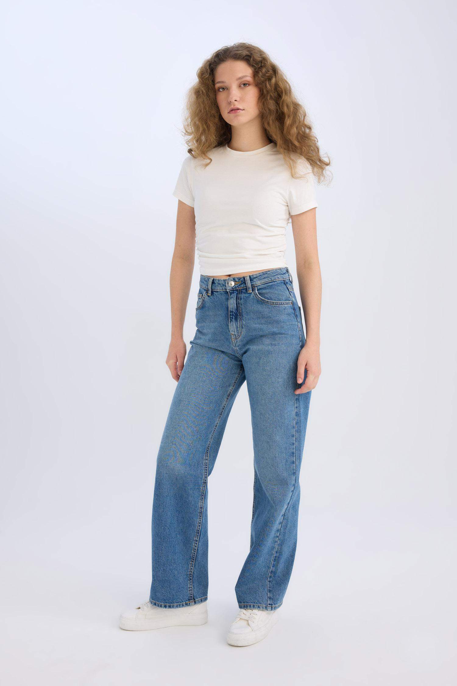 90's Wide Leg Yüksek Bel Geniş Paça Uzun Jean Kar Yıkamalı Pantolon