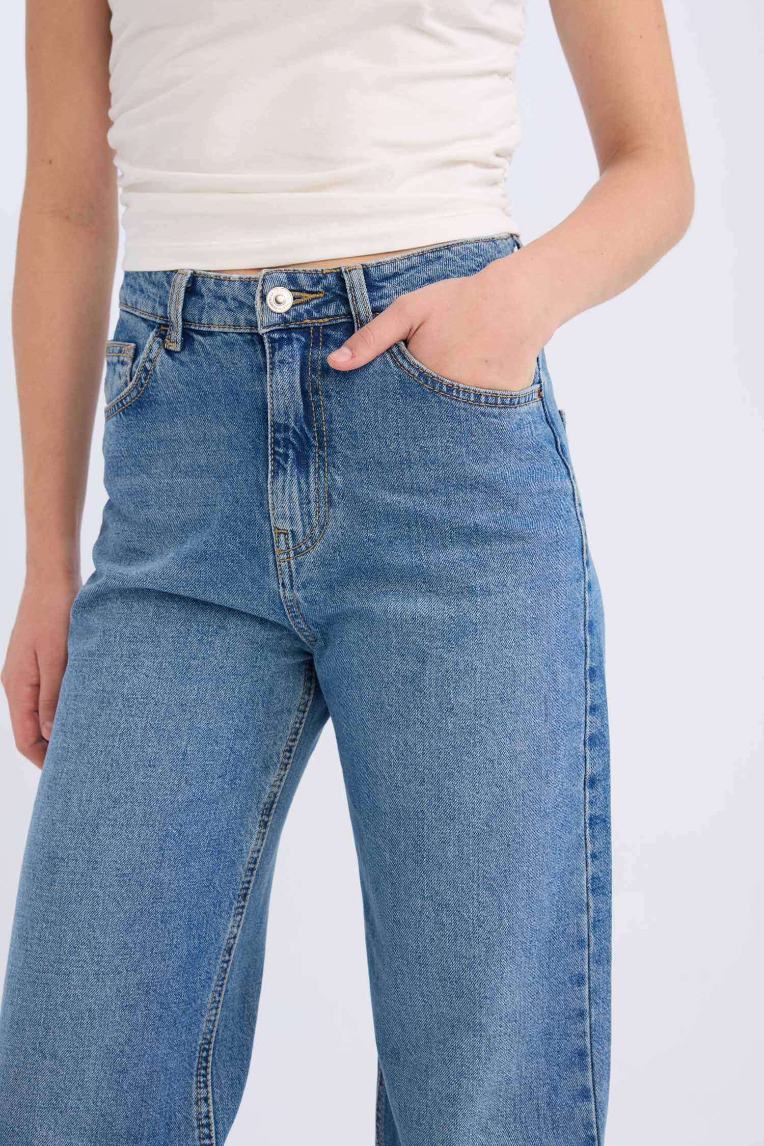 90's Wide Leg Yüksek Bel Geniş Paça Uzun Jean Kar Yıkamalı Pantolon