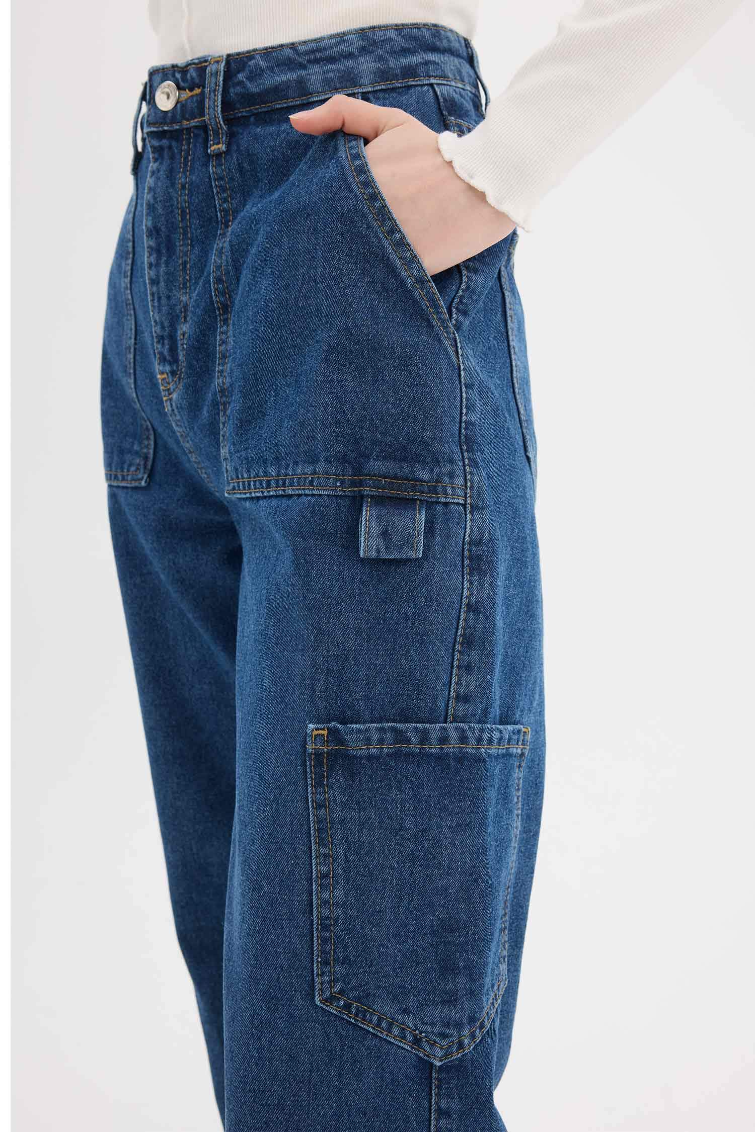 بنطرون جينز كارجو برجل واسع بجيب وخصر عالي