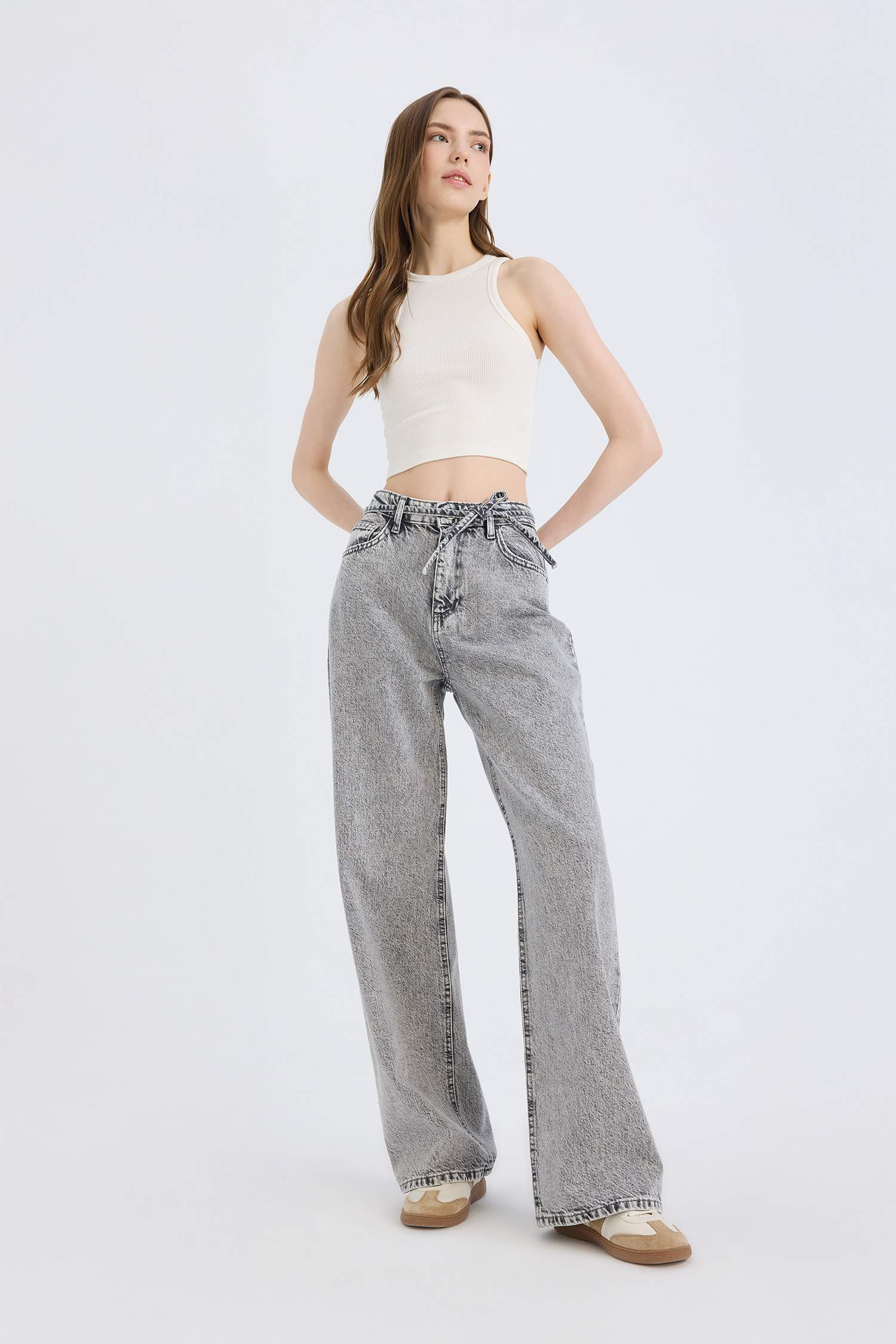 Wide Leg Yüksek Bel Düz Paça Uzun Kar Yıkamalı Pantolon