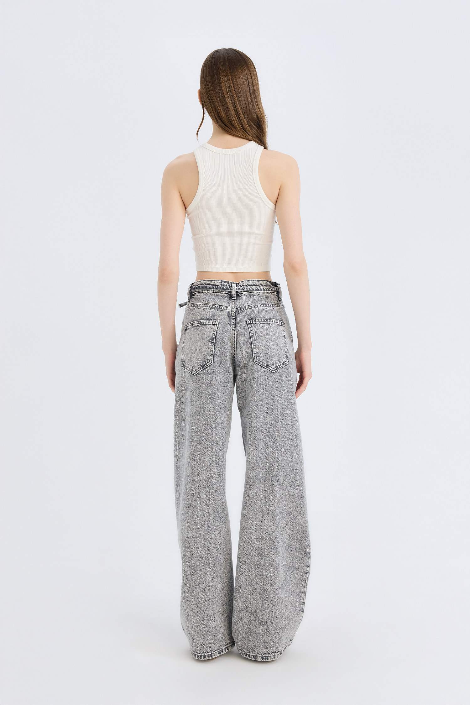 Wide Leg Yüksek Bel Düz Paça Uzun Kar Yıkamalı Pantolon