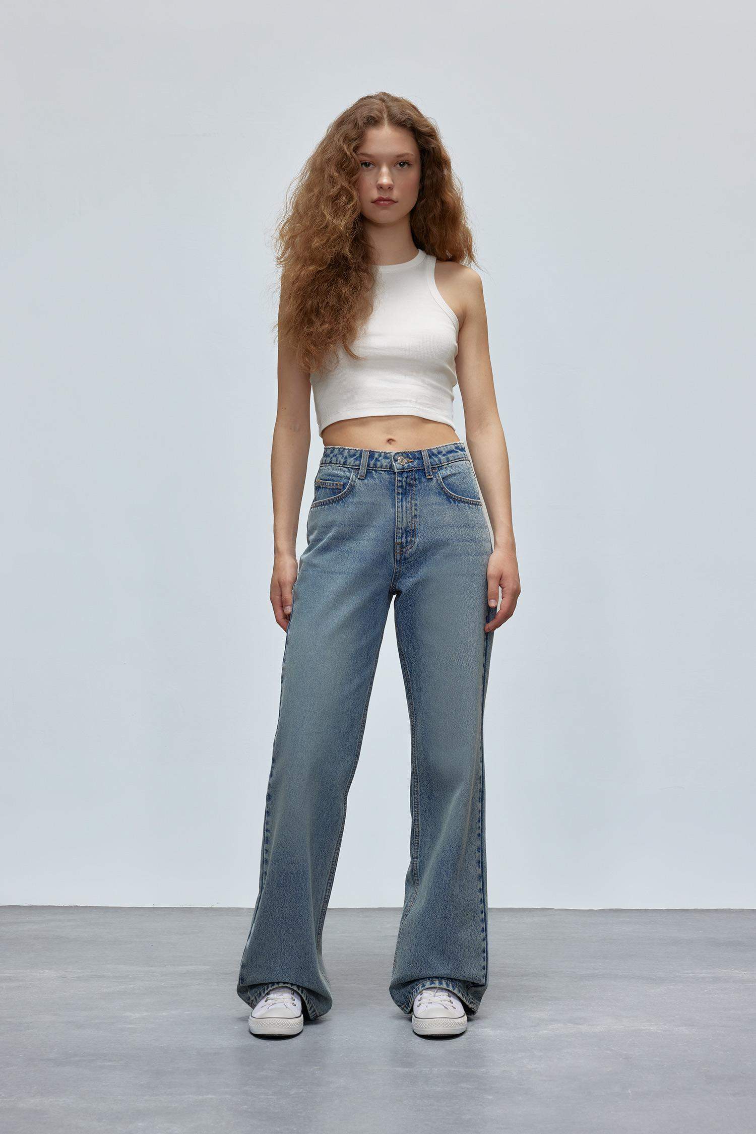 Straight Wide Yüksek Bel Geniş Paça Uzun Jean Pantolon