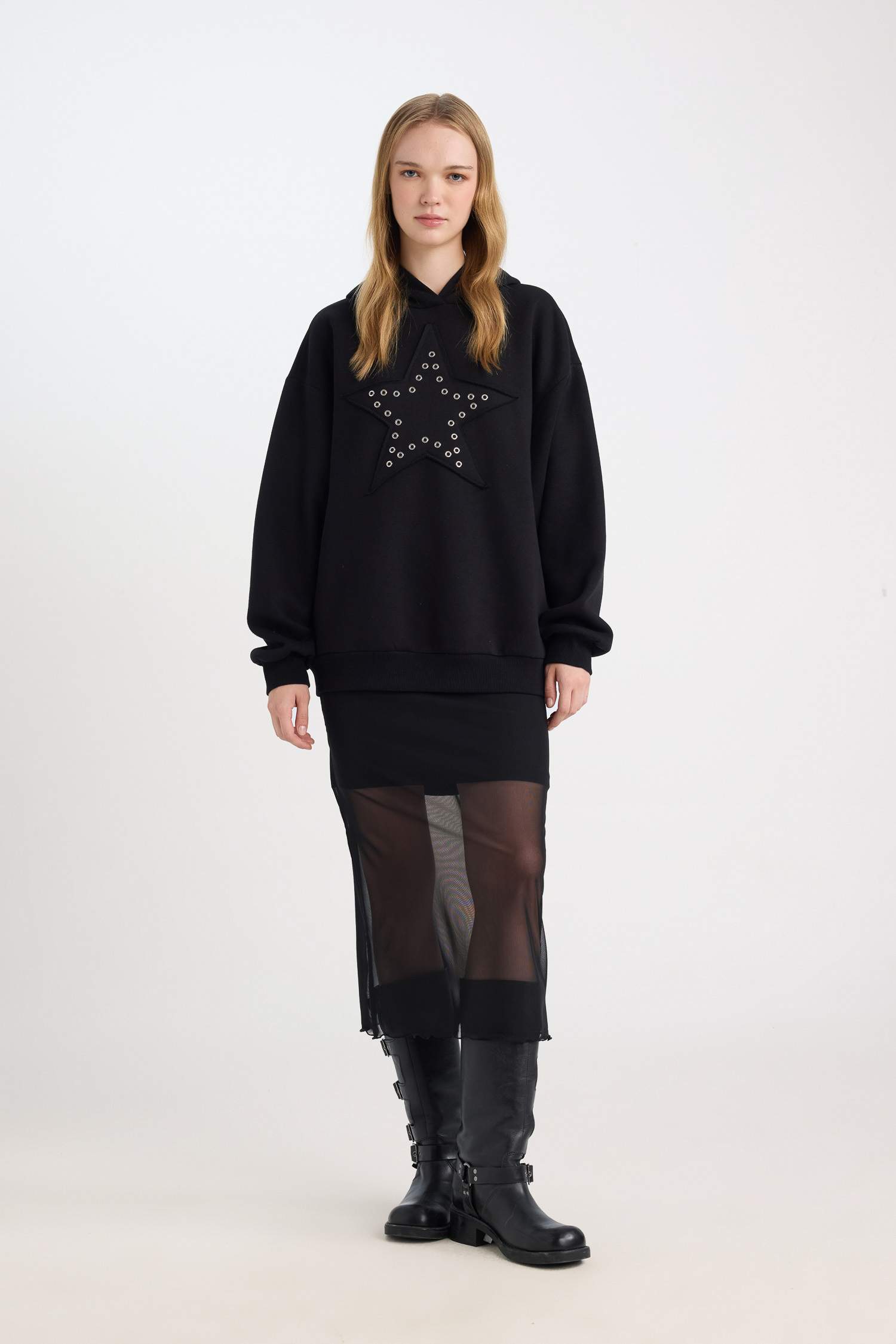 Coool Oversize Geniş Kalıp Yıldızlı Kalın Siyah Sweatshirt