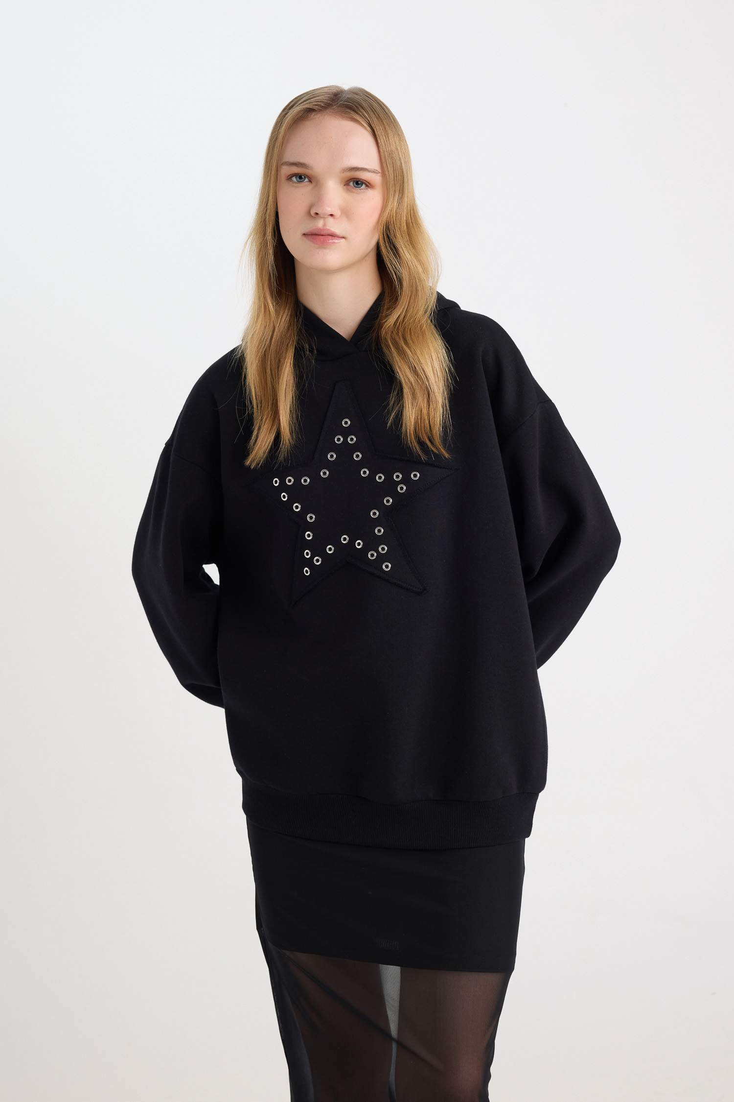Coool Oversize Geniş Kalıp Yıldızlı Kalın Siyah Sweatshirt