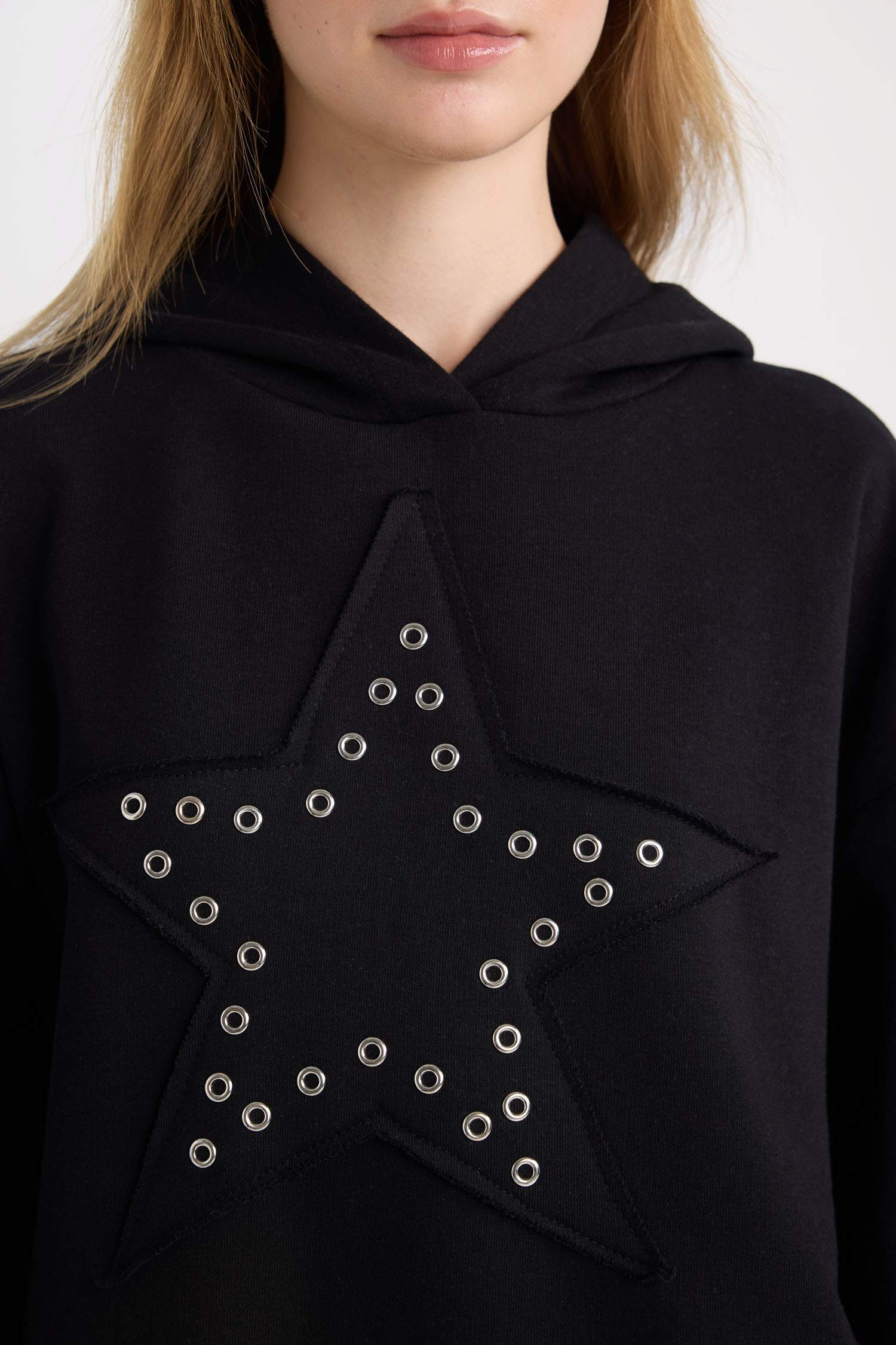 Coool Oversize Geniş Kalıp Yıldızlı Kalın Siyah Sweatshirt