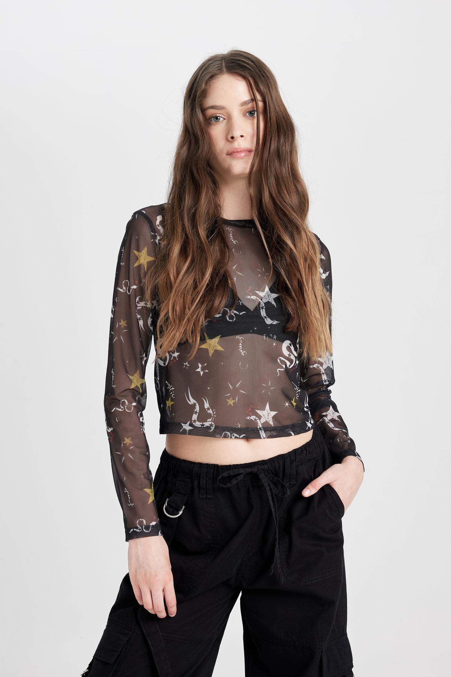 Coool Fitted Vücuda Oturan Desenli Tül Kısa Kollu  Siyah Tişört