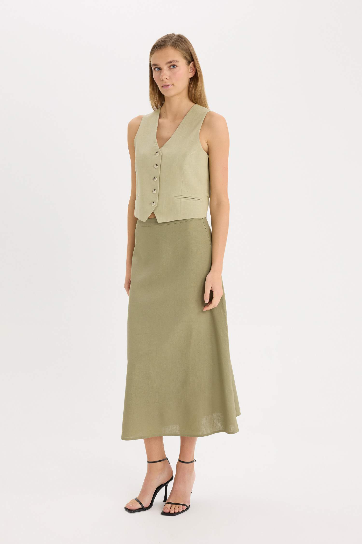 A Cut Normal Waist Linen Blend Maxi Skirt