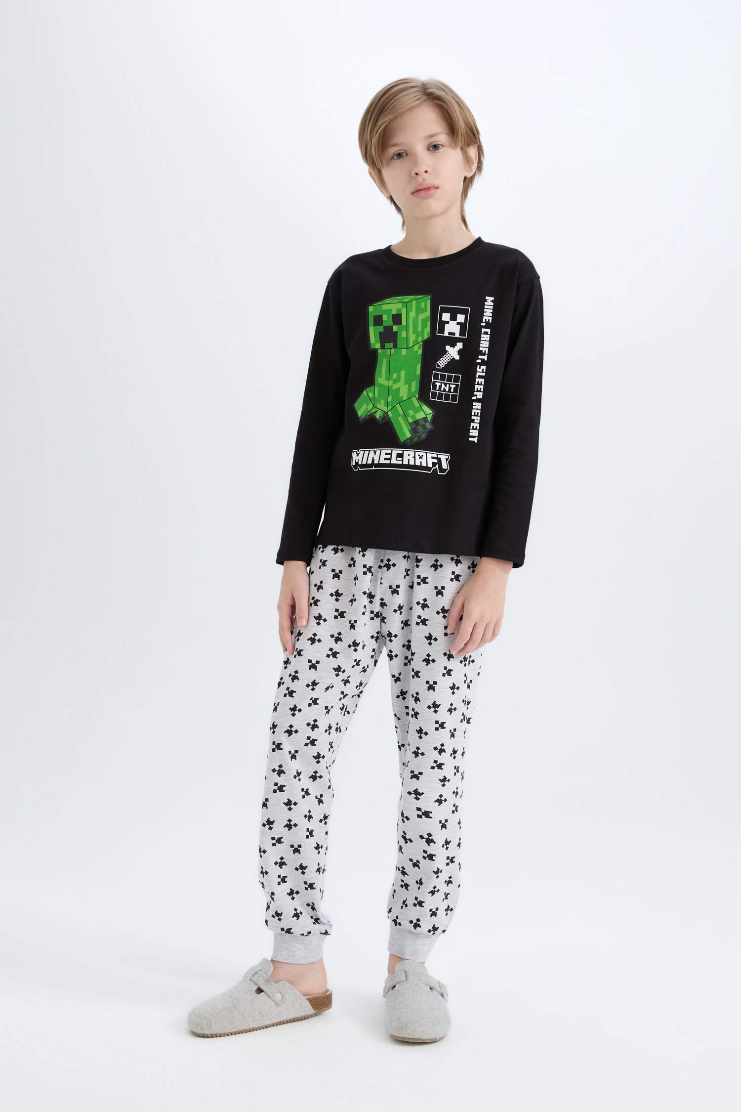 Erkek Çocuk Minecraft Pijama Takımı Uzun Kollu Üst Beli Lastikli Uzun Alt