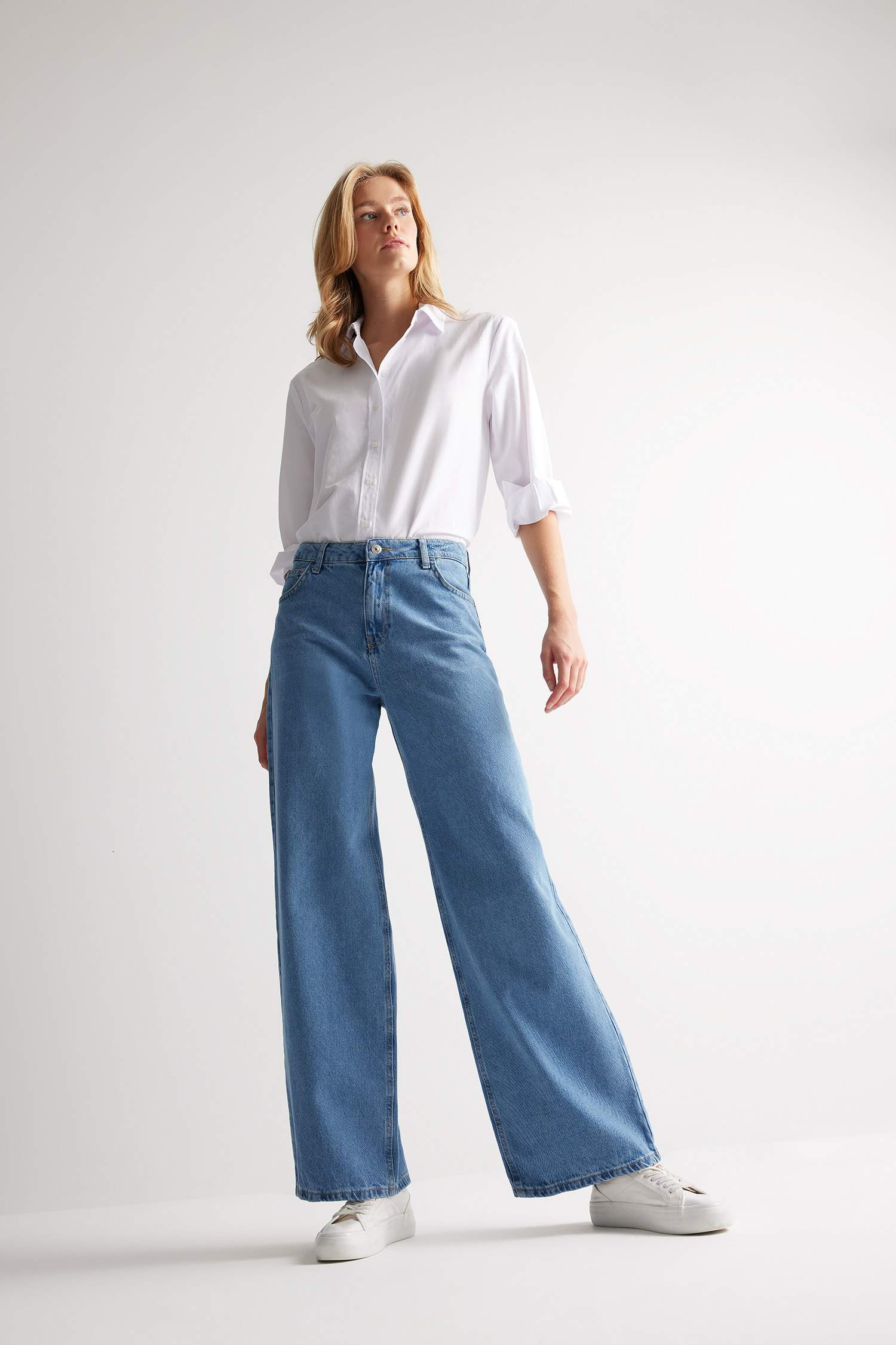 Wide Leg Yüksek Bel Uzun Jean Yıkamalı Pantolon