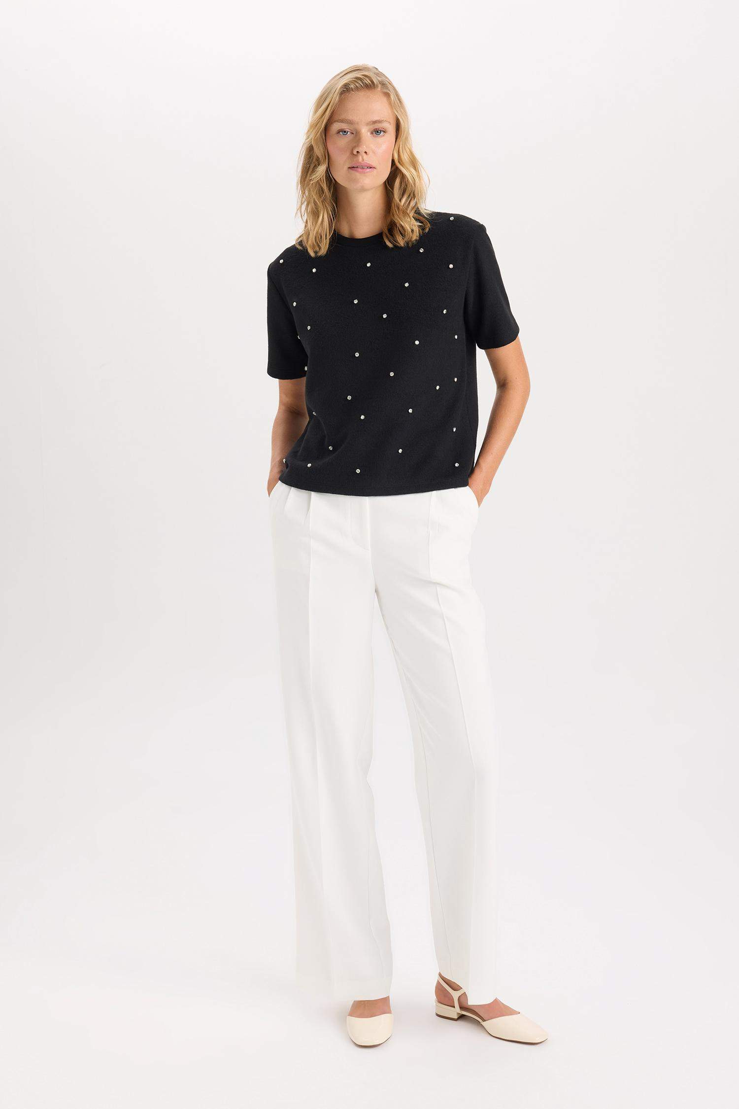 Wide Leg Dokuma Pantolon Geniş Bol Paça Pensli Cepli Yüksek Bel Basic Düz Uzun Boy