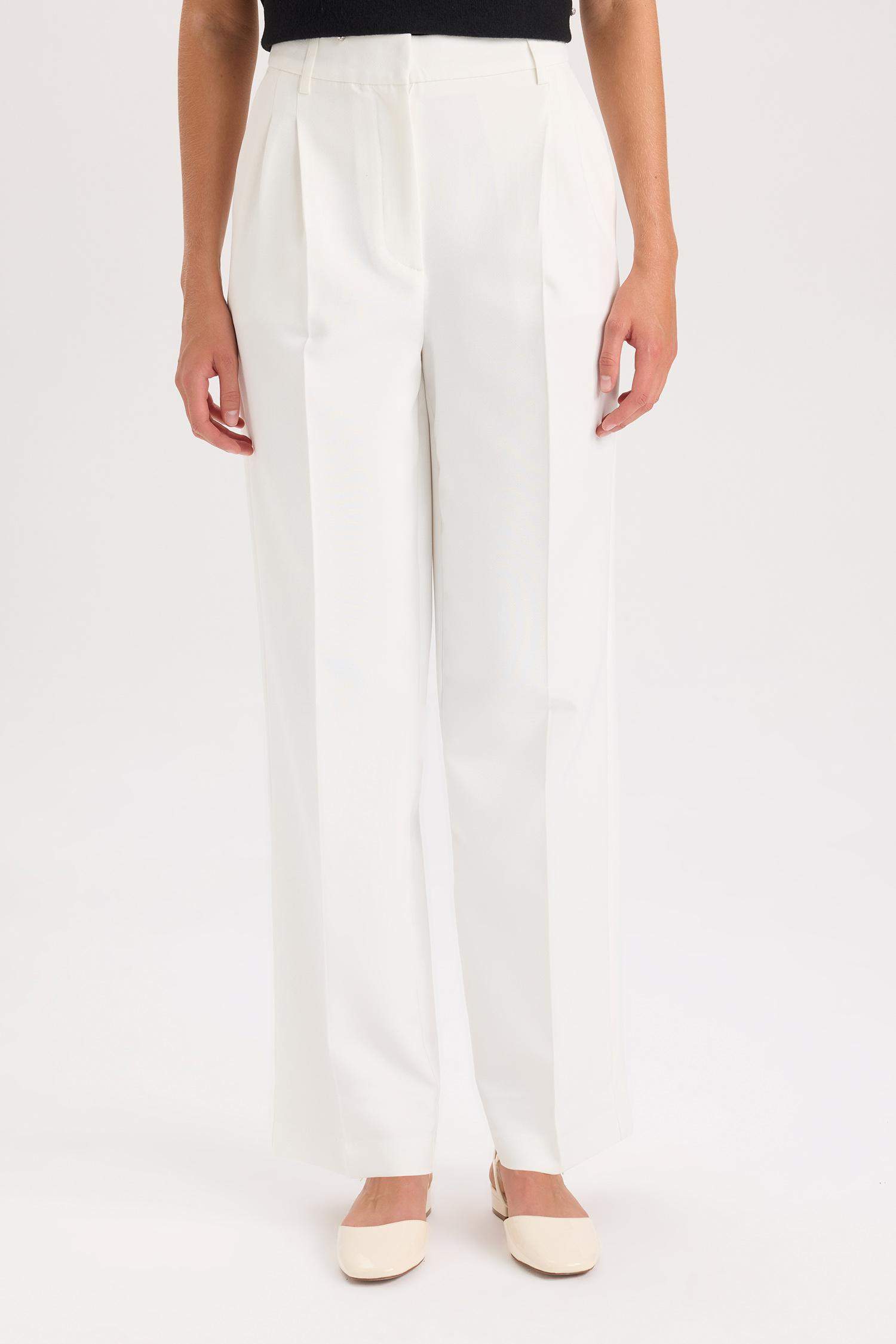 Wide Leg Dokuma Pantolon Geniş Bol Paça Pensli Cepli Yüksek Bel Basic Düz Uzun Boy