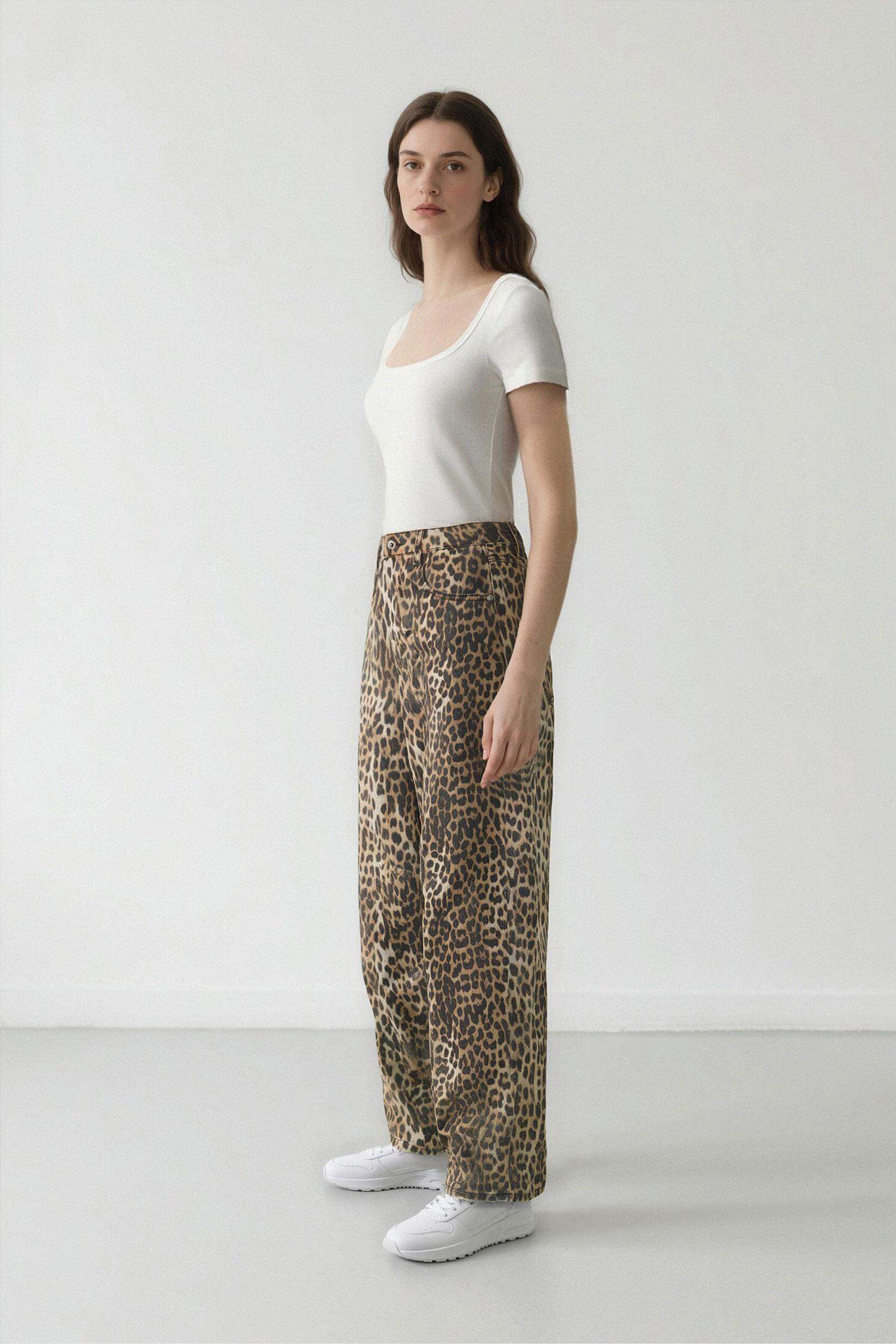 Baggy Fit Leopar Desenli Yüksek Bel Standart Boy Gabardin Pantolon