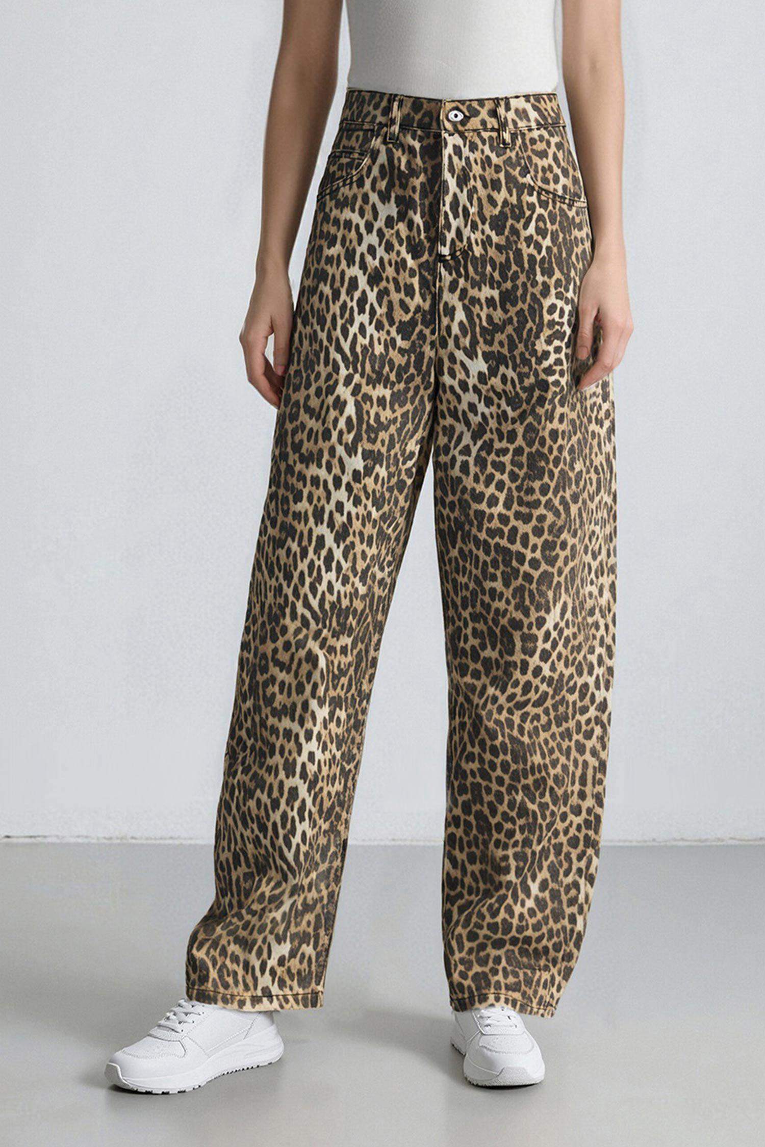 Baggy Fit Leopar Desenli Yüksek Bel Standart Boy Gabardin Pantolon