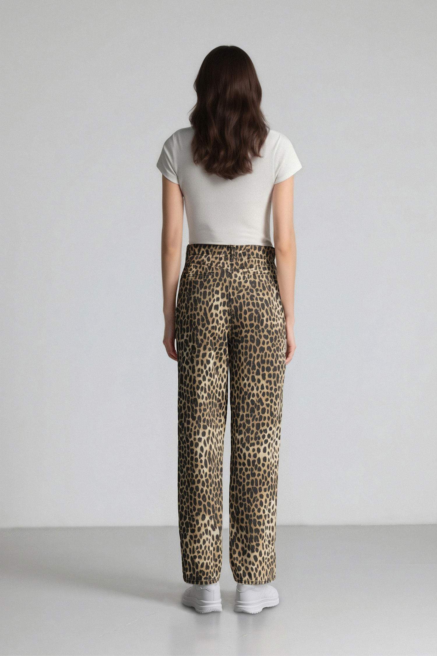 Baggy Fit Leopar Desenli Yüksek Bel Standart Boy Gabardin Pantolon