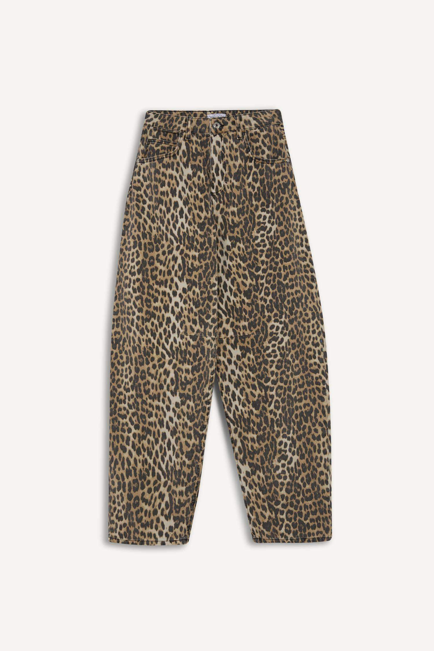 Baggy Fit Leopar Desenli Yüksek Bel Standart Boy Gabardin Pantolon