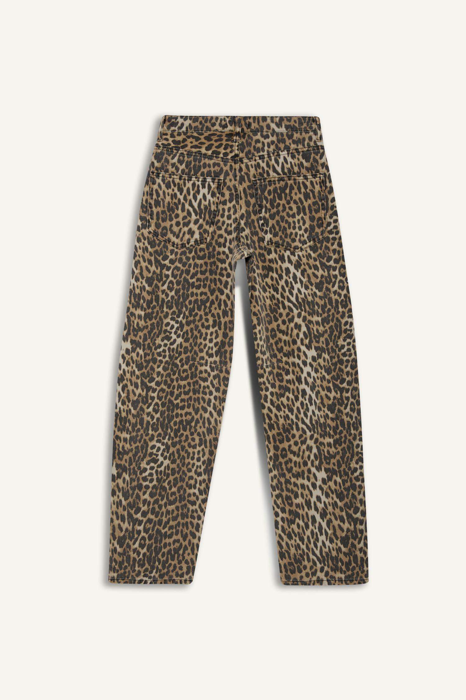 Baggy Fit Leopar Desenli Yüksek Bel Standart Boy Gabardin Pantolon