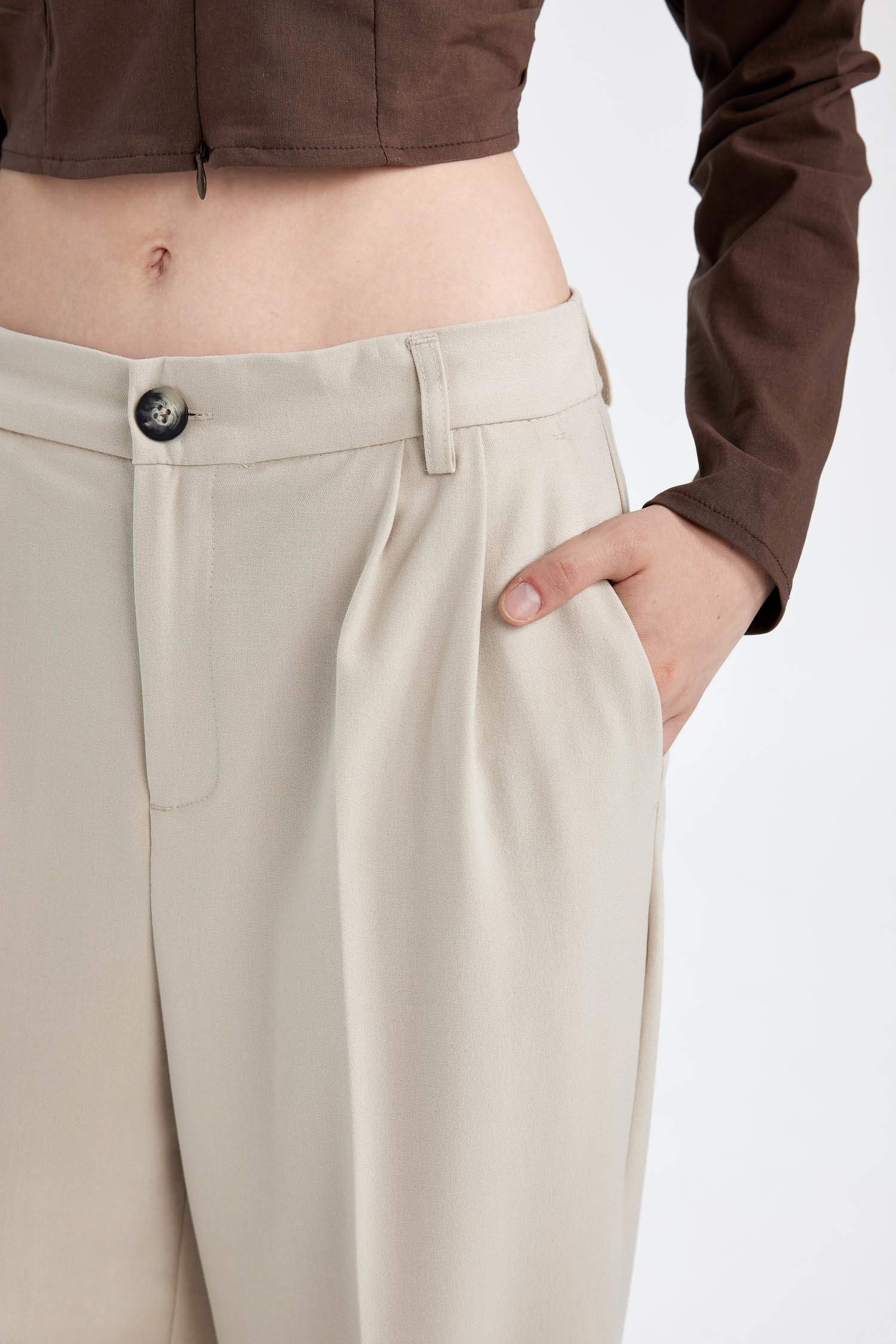 Klasik Kumaş Pantolon Wide Leg Geniş Bol Paça Fleto Cepli Yüksek Bel Standart Boy Basic Düz