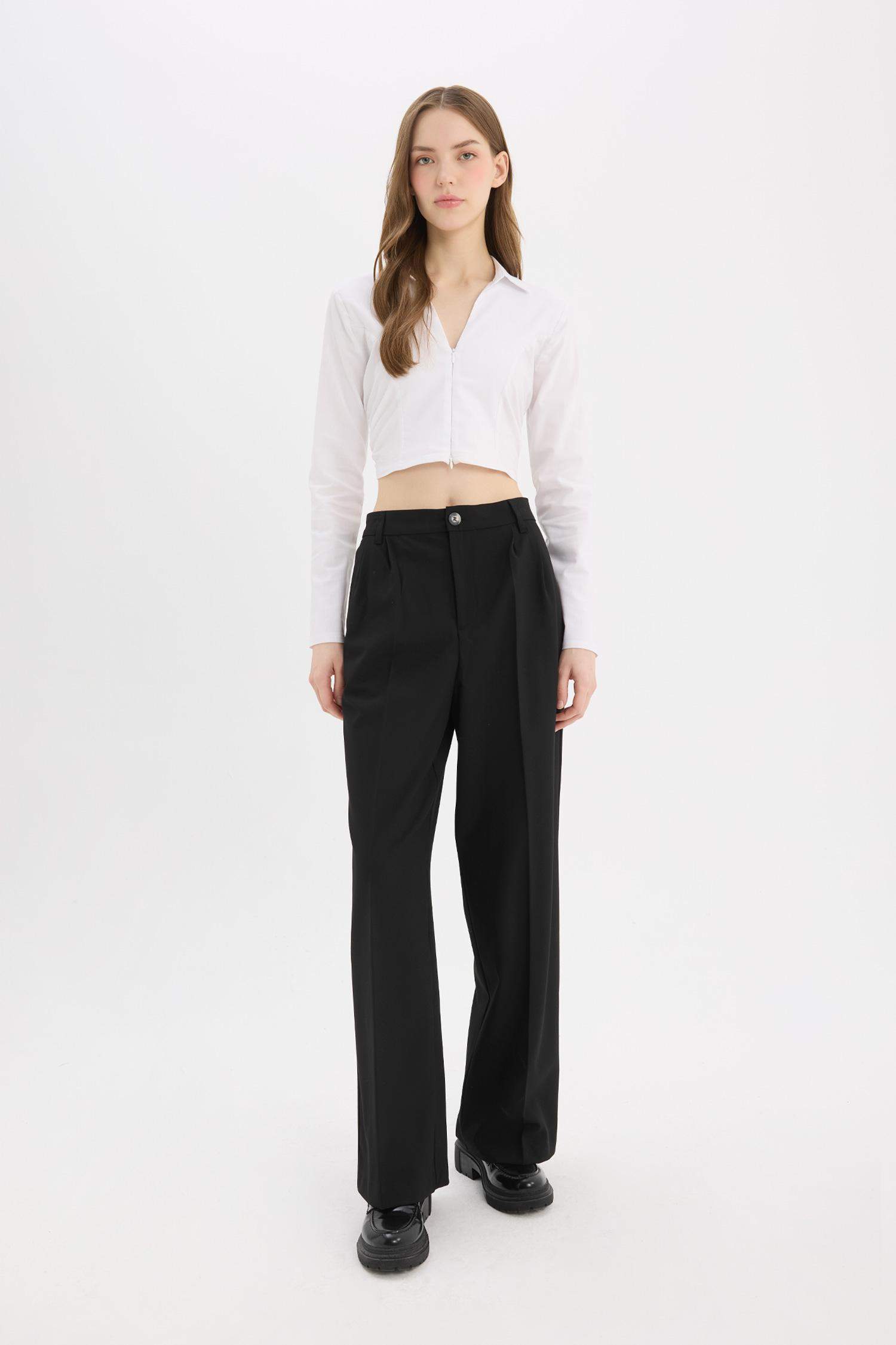 Klasik Kumaş Pantolon Wide Leg Geniş Bol Paça Fleto Cepli Yüksek Bel Standart Boy Basic Düz