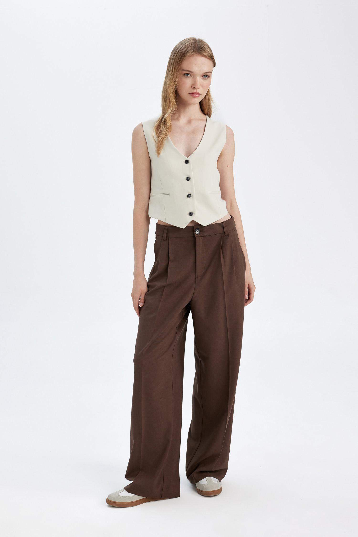 Klasik Kumaş Pantolon Wide Leg Geniş Bol Paça Fleto Cepli Yüksek Bel Standart Boy Basic Düz