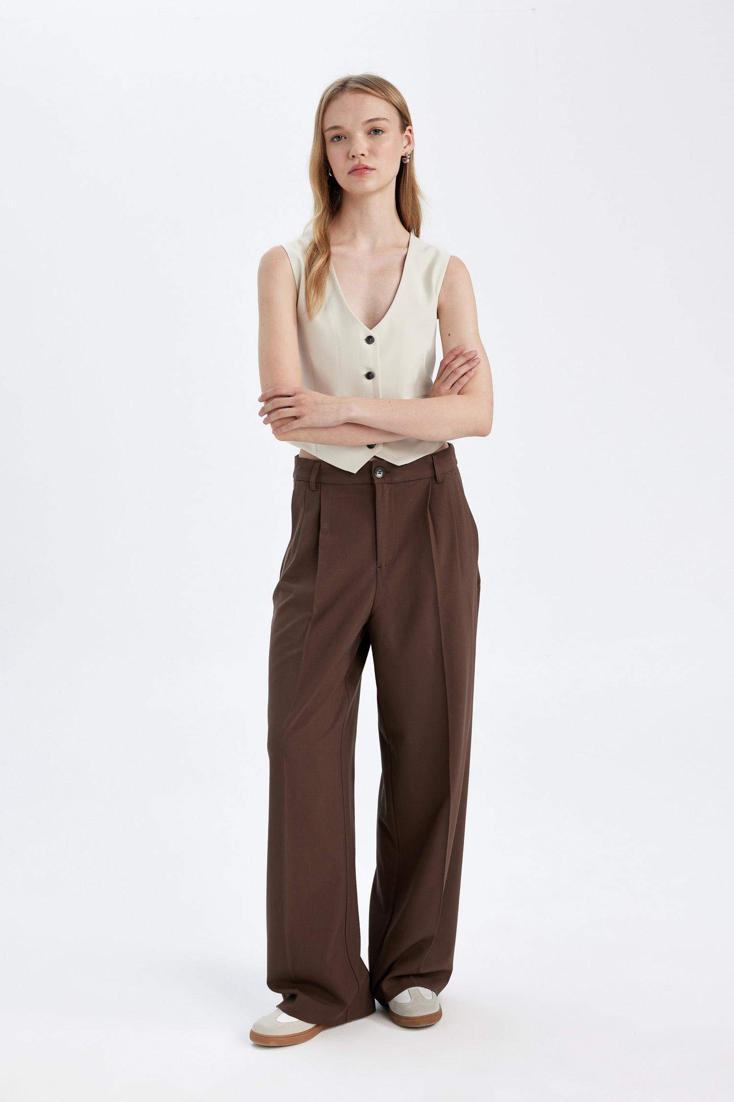 Klasik Kumaş Pantolon Wide Leg Geniş Bol Paça Fleto Cepli Yüksek Bel Standart Boy Basic Düz