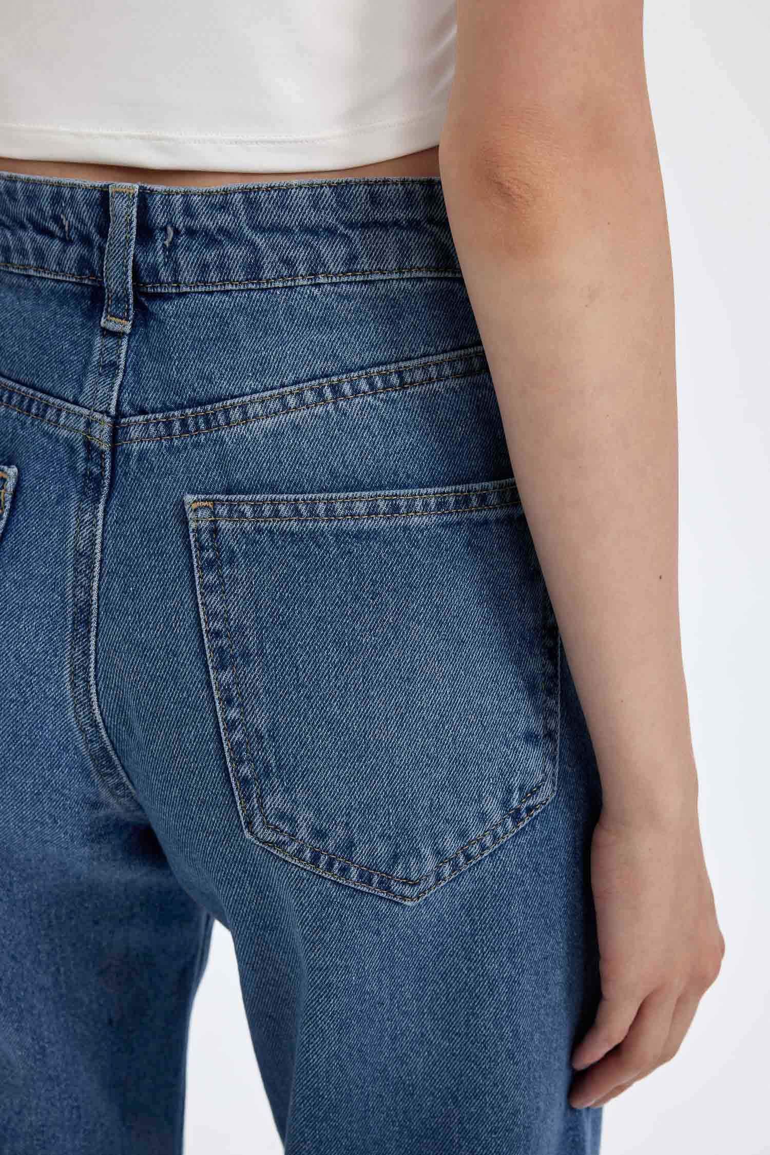 Straight Wide Yüksek Bel Uzun Jean Yıkamalı Pantolon