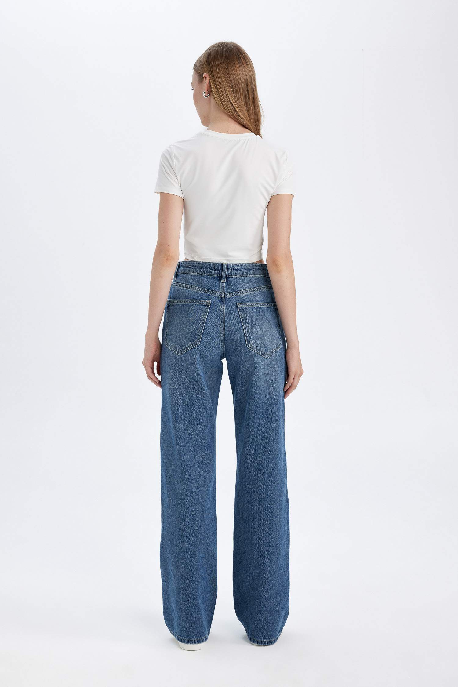 Straight Wide Yüksek Bel Uzun Jean Yıkamalı Pantolon